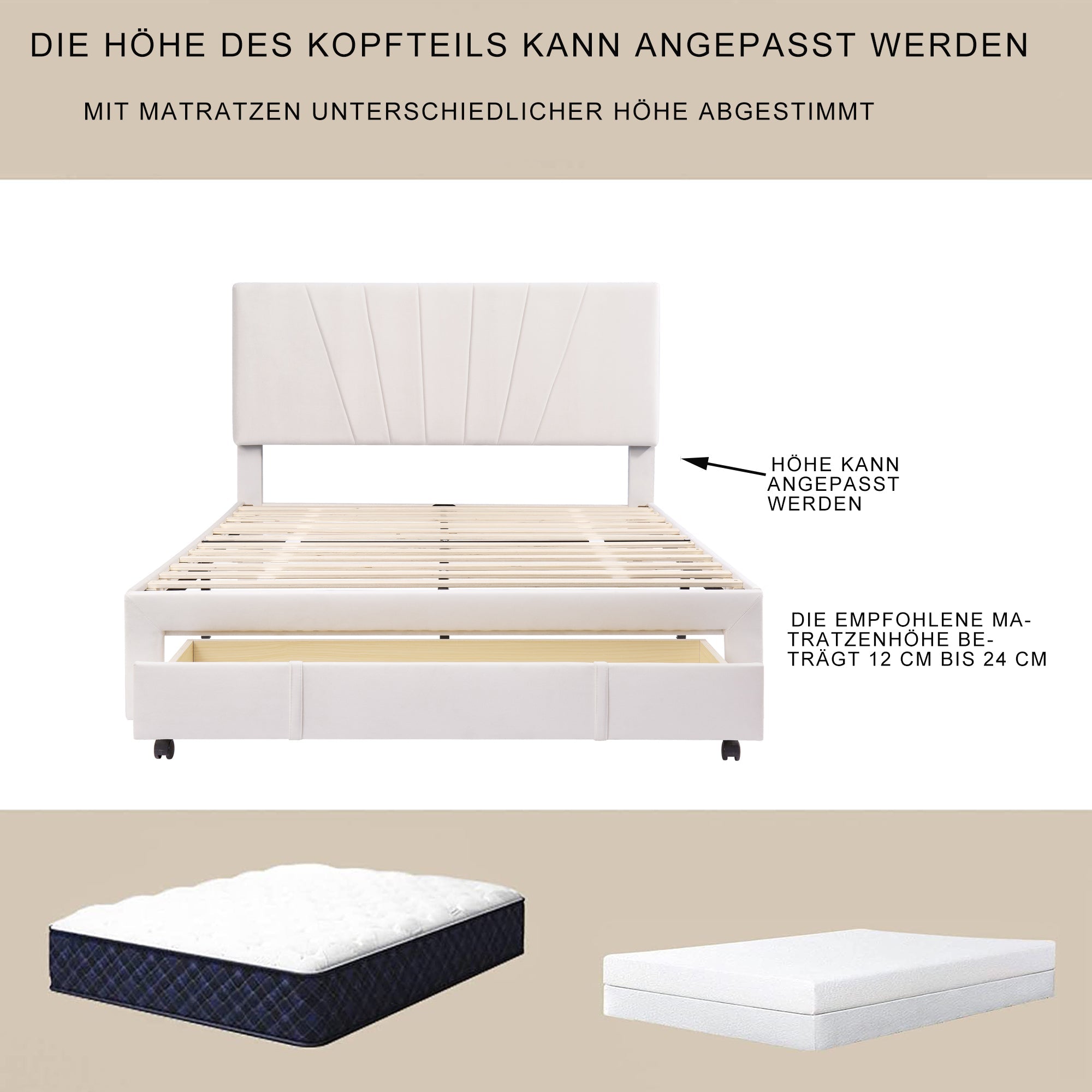 Logidon gestoffeerd bed 140x200 beige fluwelen stof met lattenbodem lade