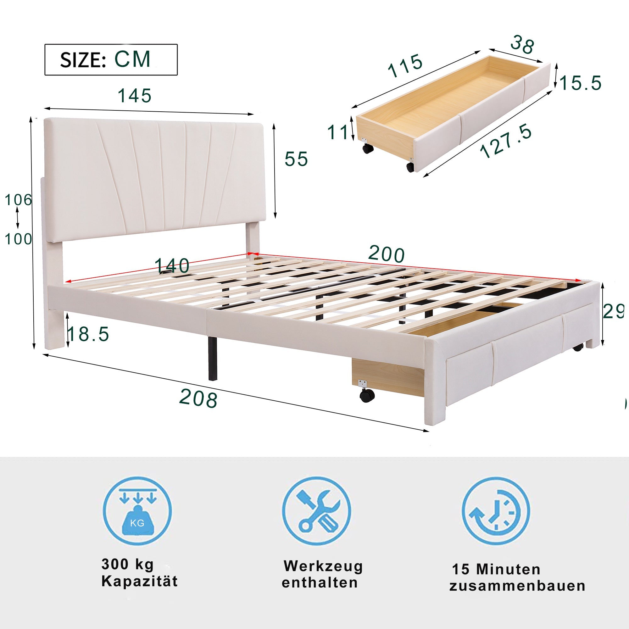 Logidon gestoffeerd bed 140x200 beige fluwelen stof met lattenbodem lade