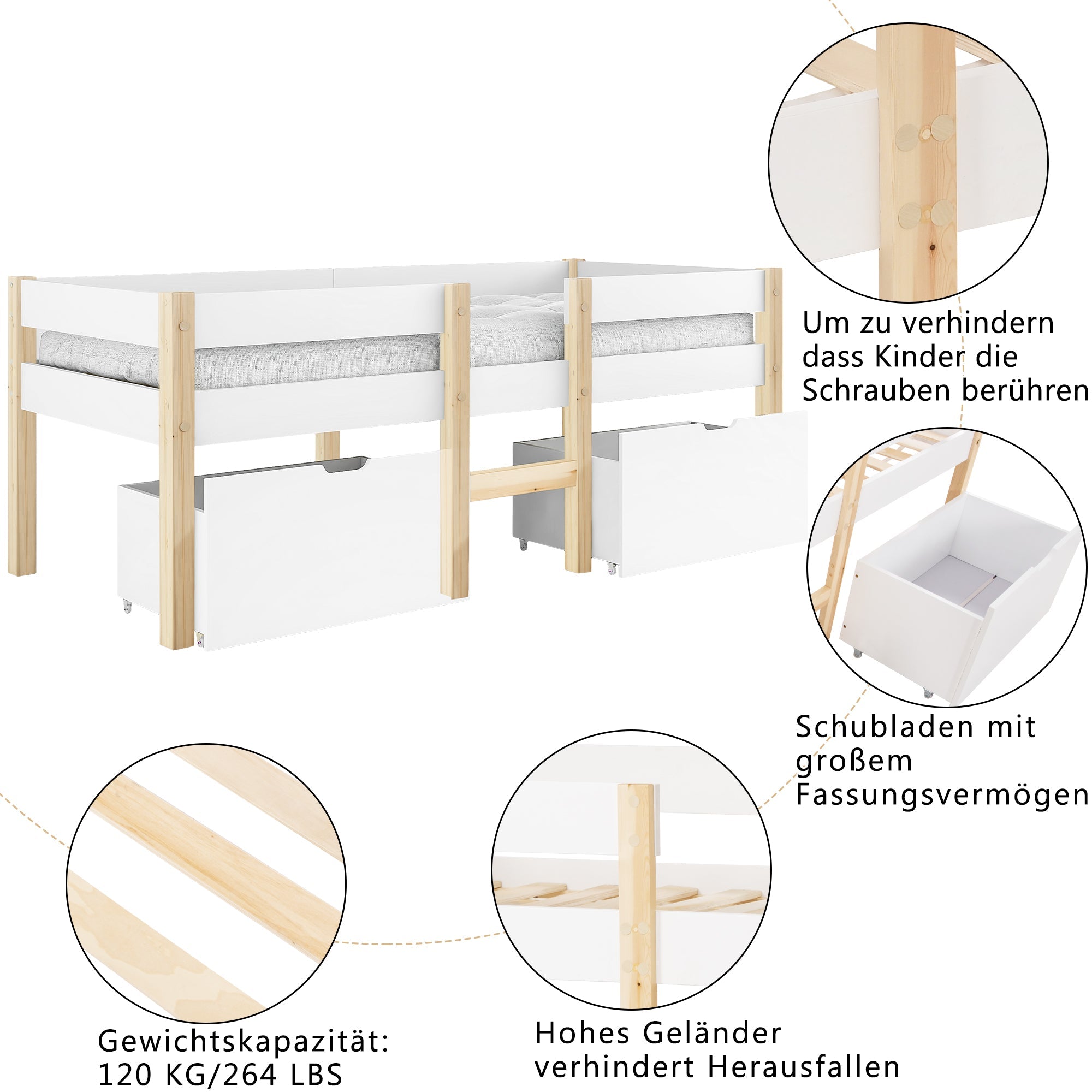 Logidon kinderbed 90x190 met lades en valbeveiliging wit eiken