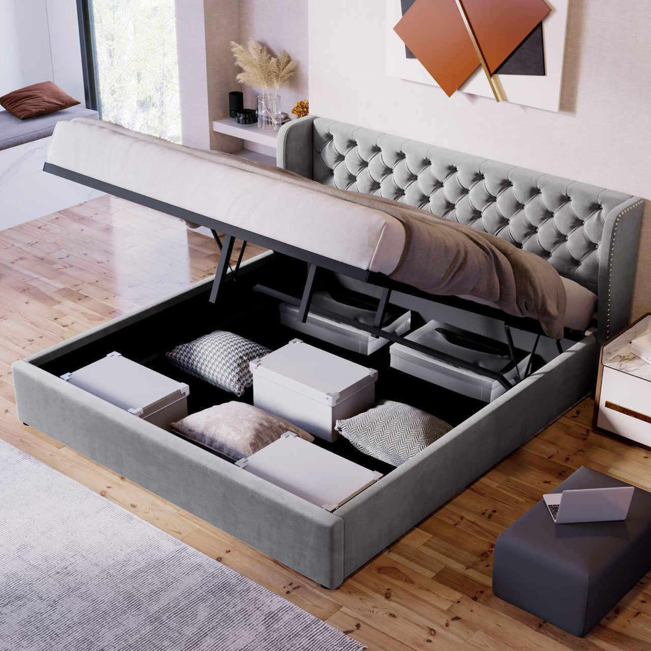 Logidon upholstered bed ear shape velvet gray 160x200 double bed storage space