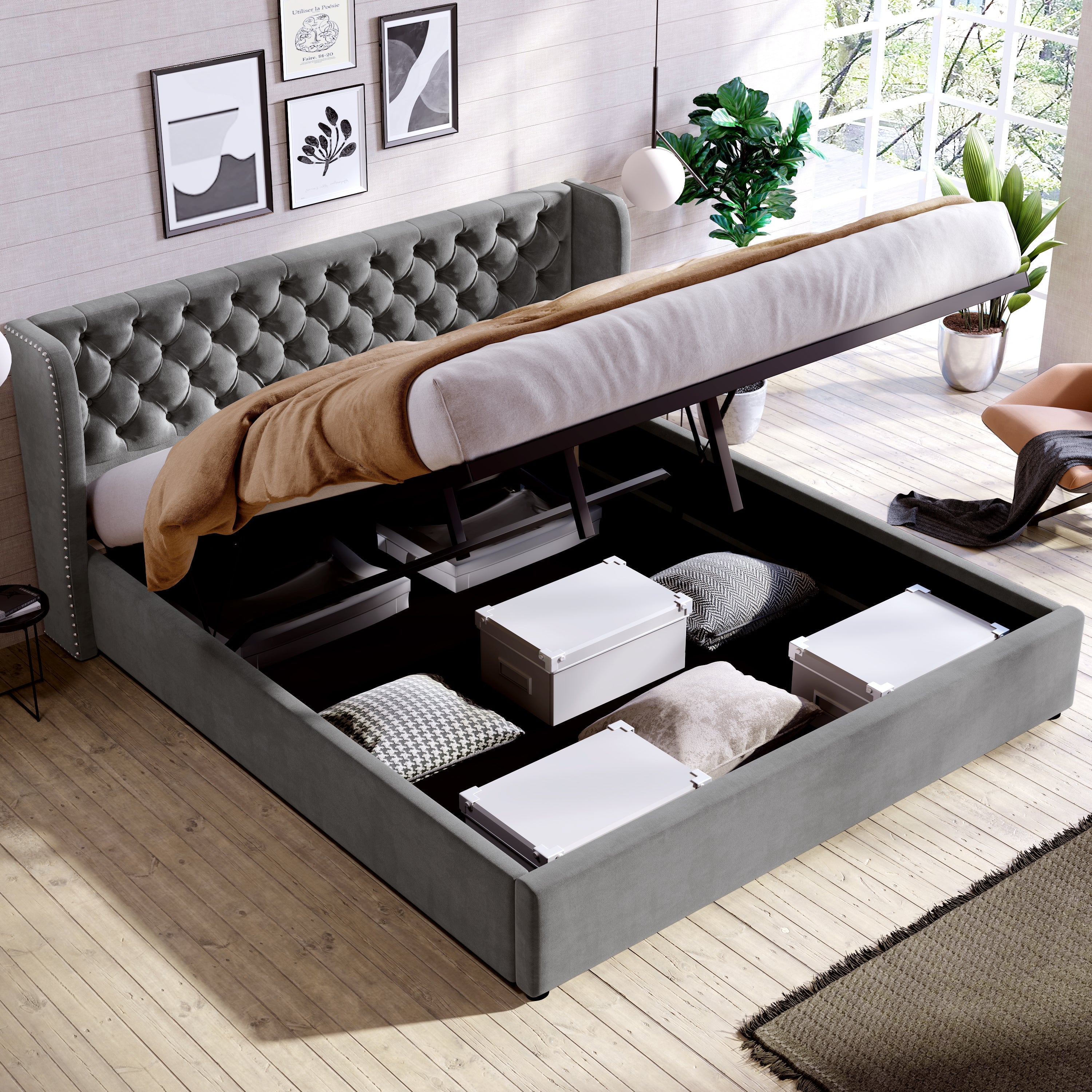 Logidon upholstered bed ear shape velvet gray 160x200 double bed storage space