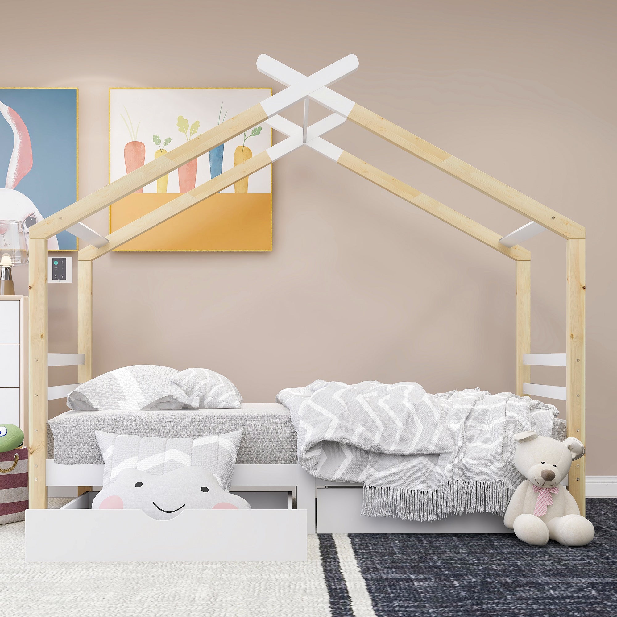Logidon Kinderhuisbed 90x200 met lades Wit natuurlijk hout