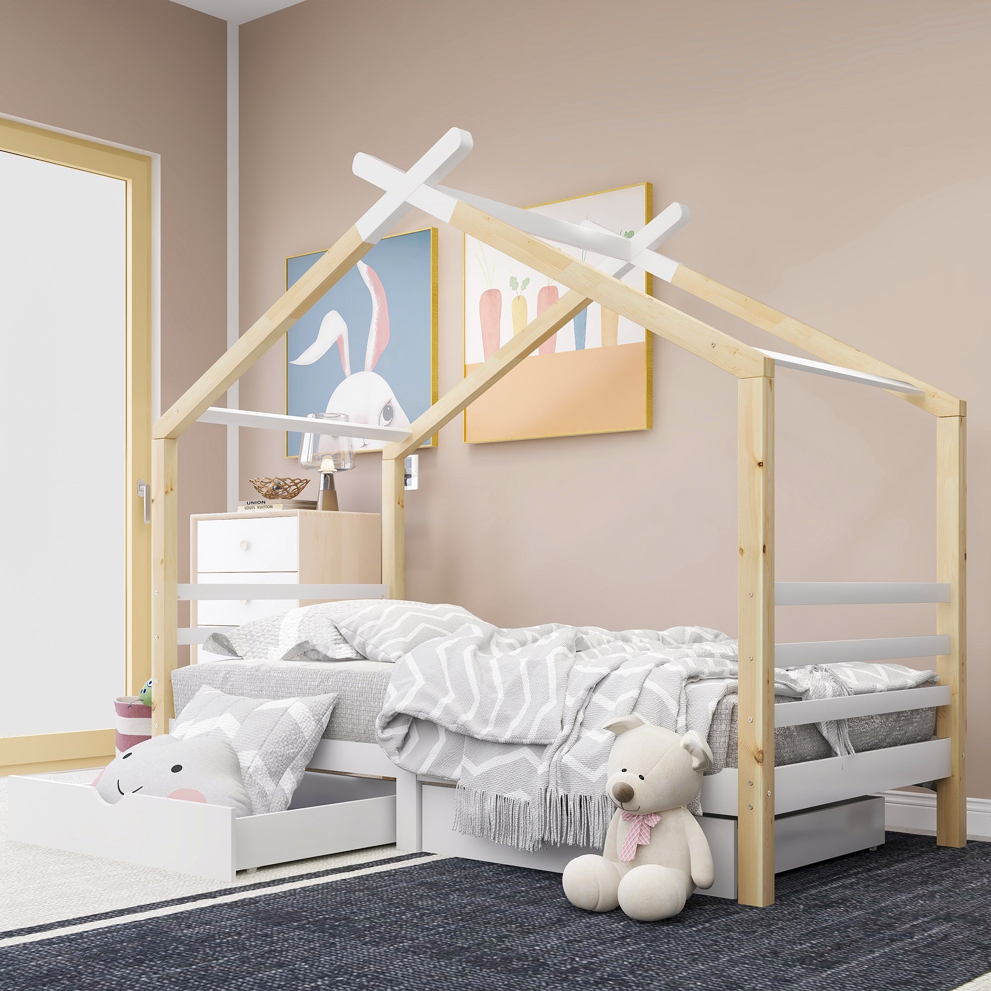 Logidon Kinderhuisbed 90x200 met lades Wit natuurlijk hout