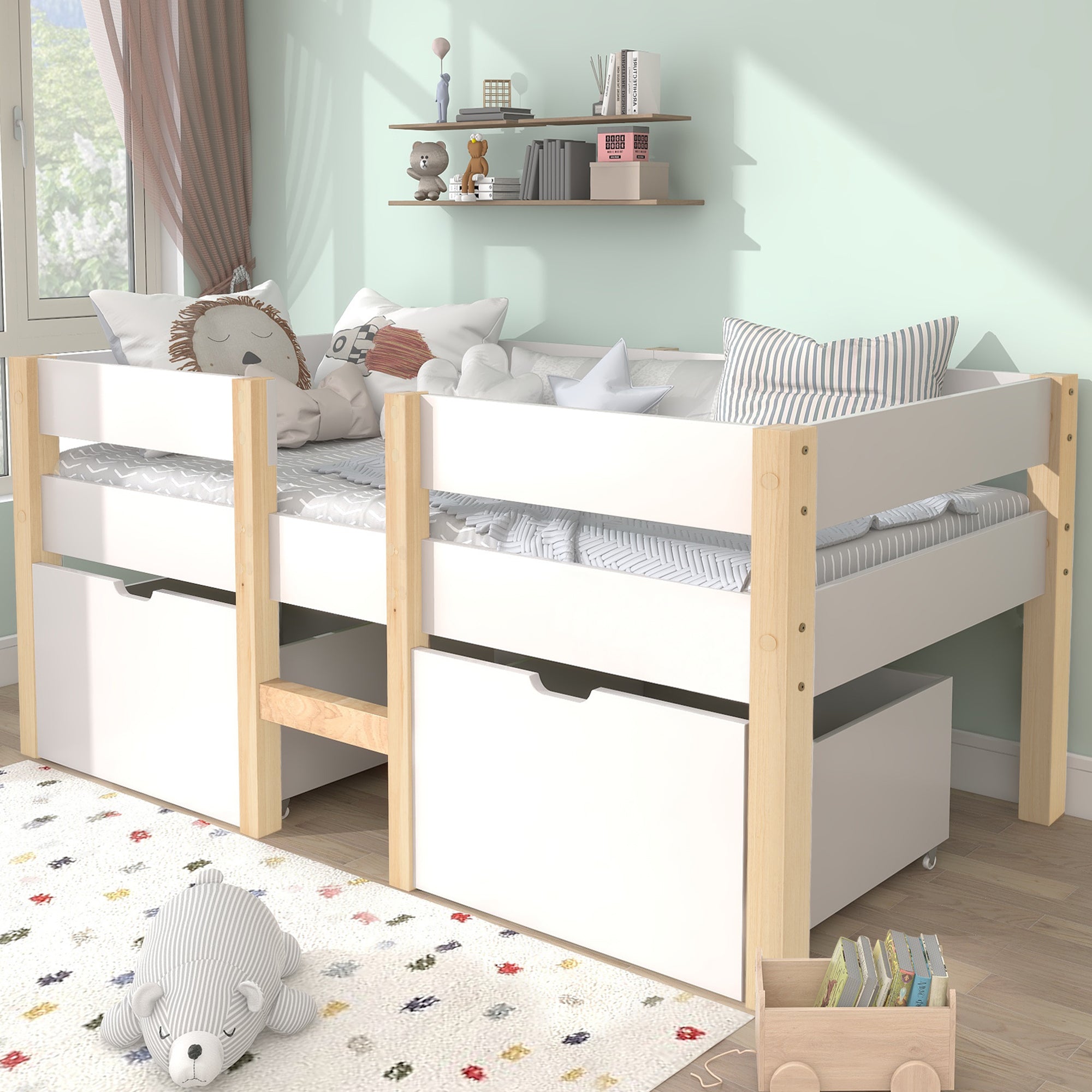 Logidon kinderbed 90x200 met lade en valbeveiliging wit eiken