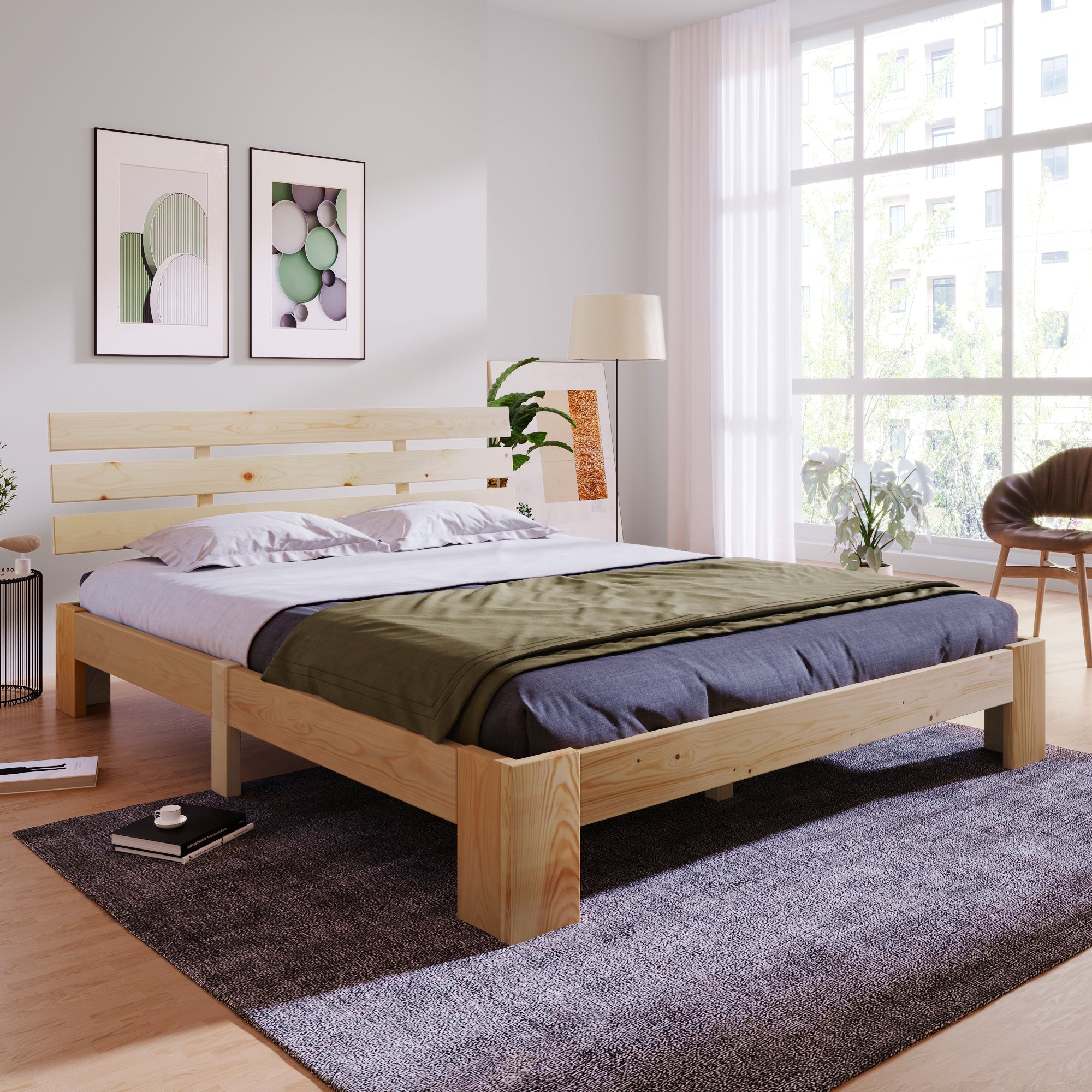 Logidon massief houten tweepersoonsbed 140x200 naturel hoofdbord lattenbodem