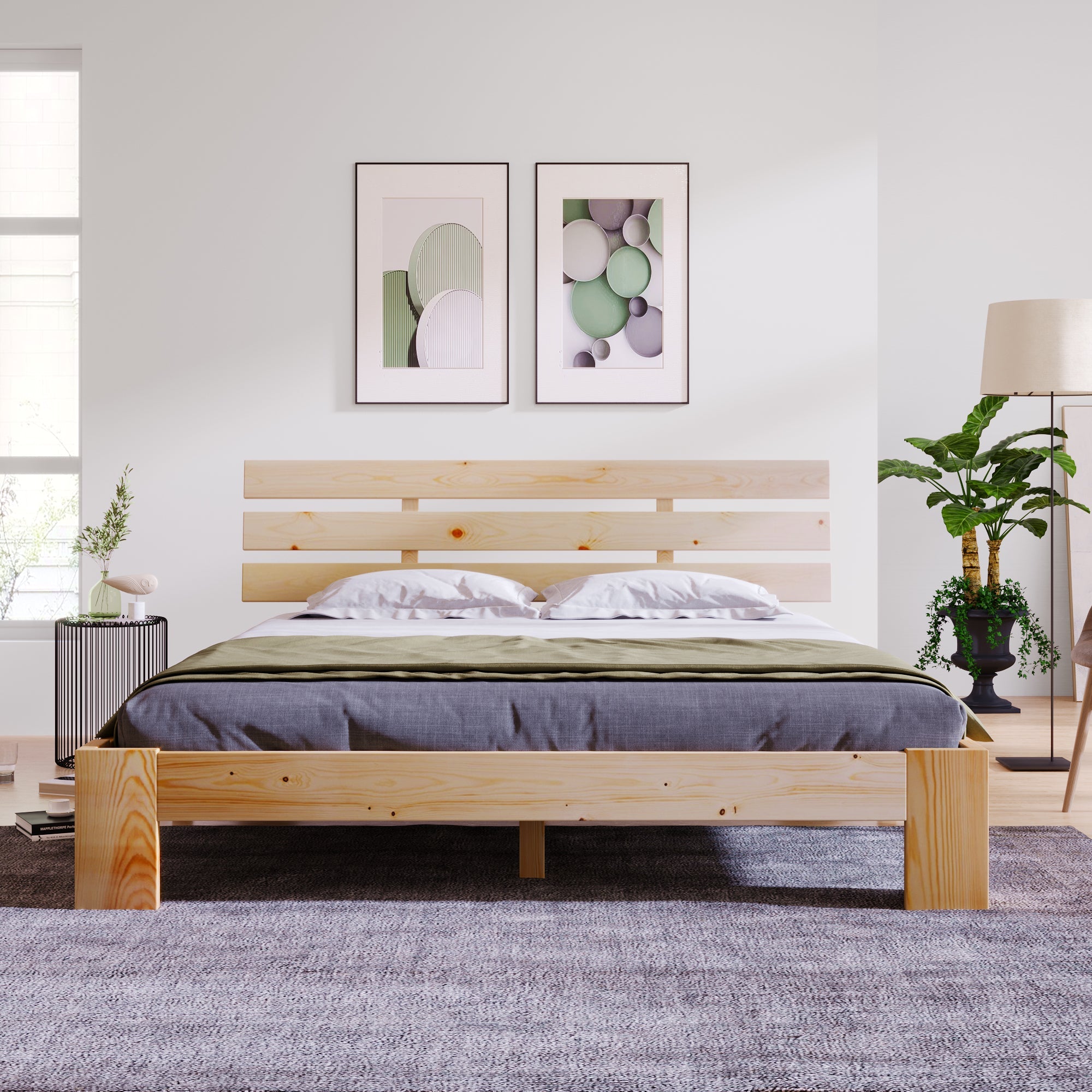 Logidon massief houten tweepersoonsbed 140x200 naturel hoofdbord lattenbodem