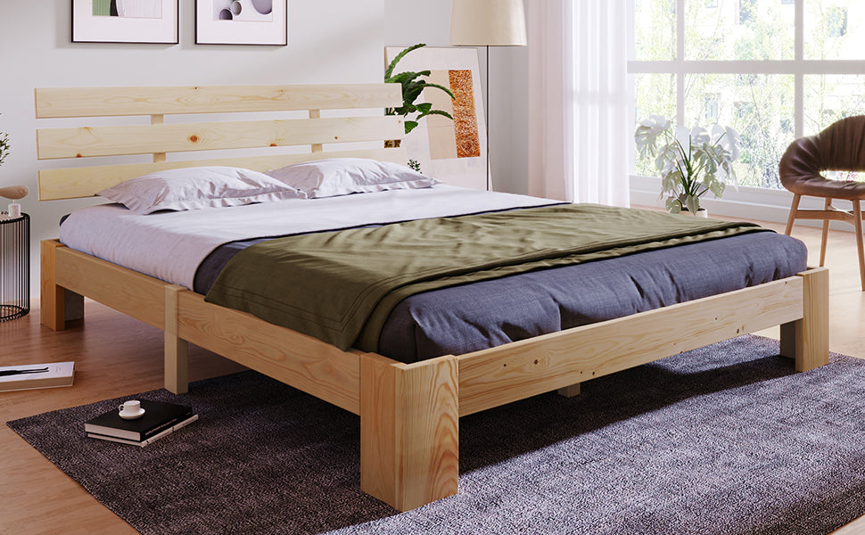 Logidon massief houten tweepersoonsbed 140x200 naturel hoofdbord lattenbodem
