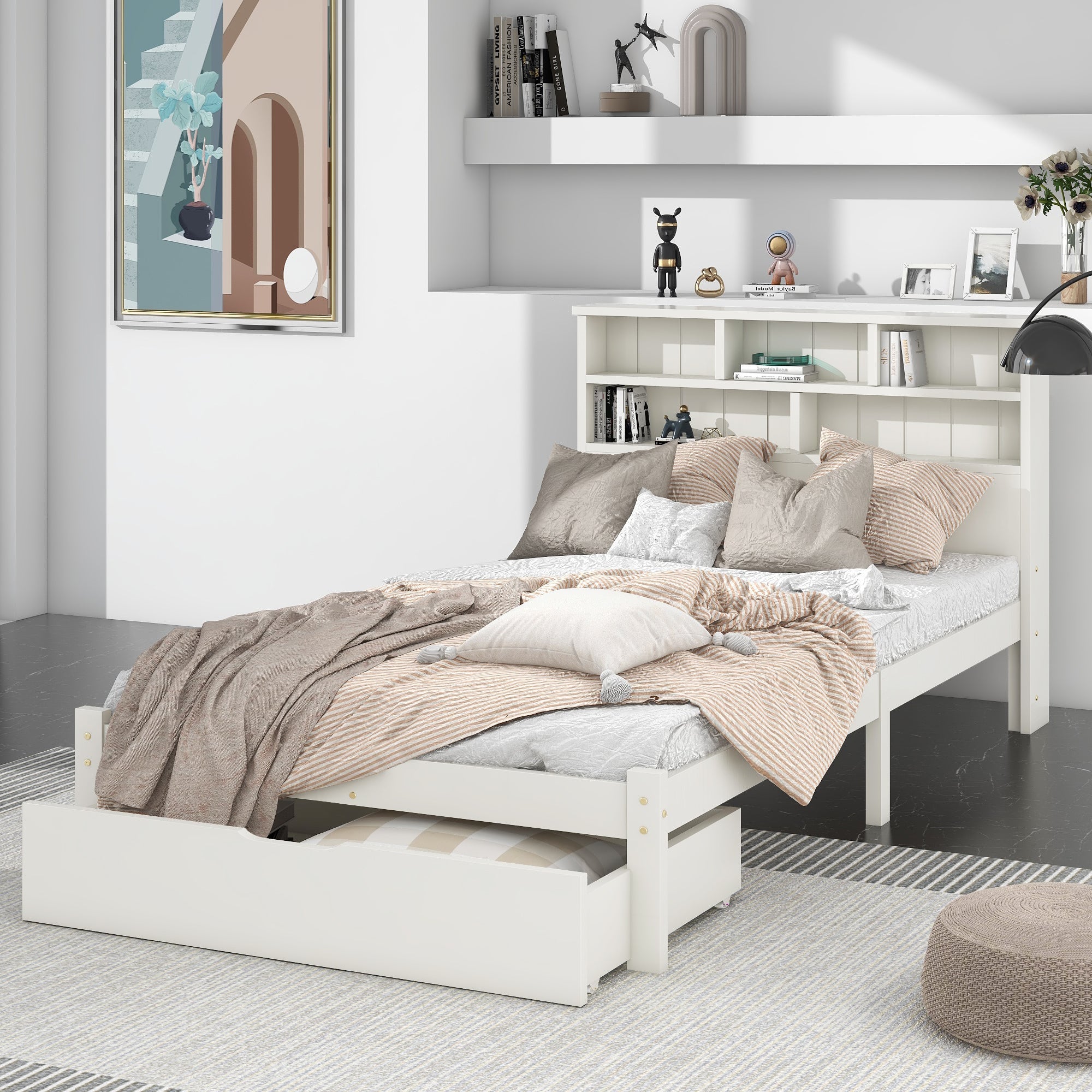 Logidon massief houten bed 90x200 wit met lades en plank