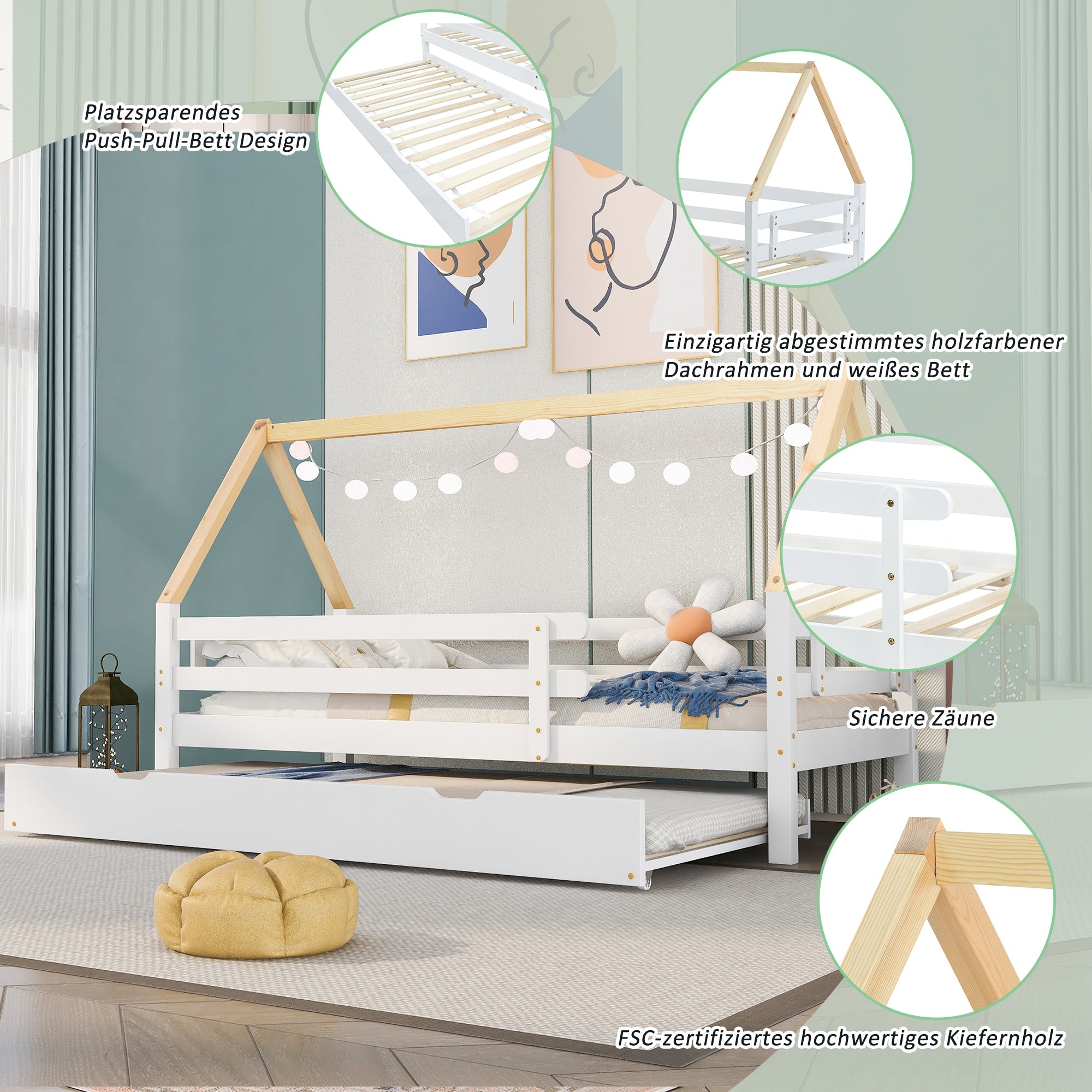 Logidon boomhutbed 90x200 cm wit houten frame met uitschuifbaar bed