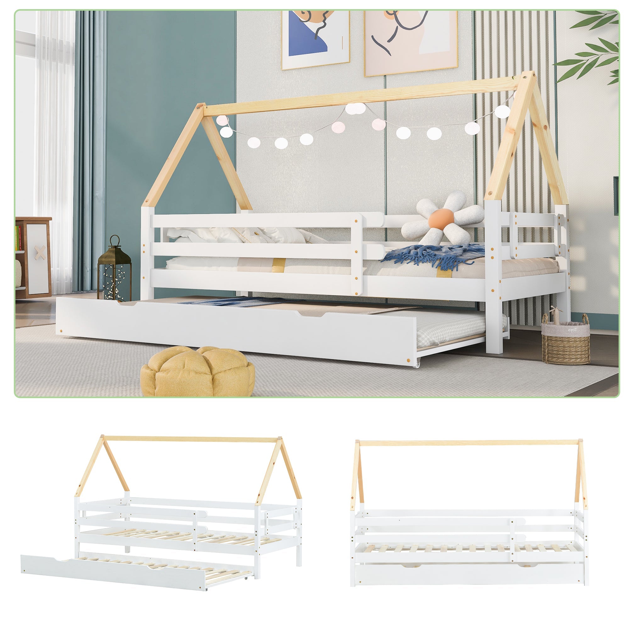 Logidon boomhutbed 90x200 cm wit houten frame met uitschuifbaar bed