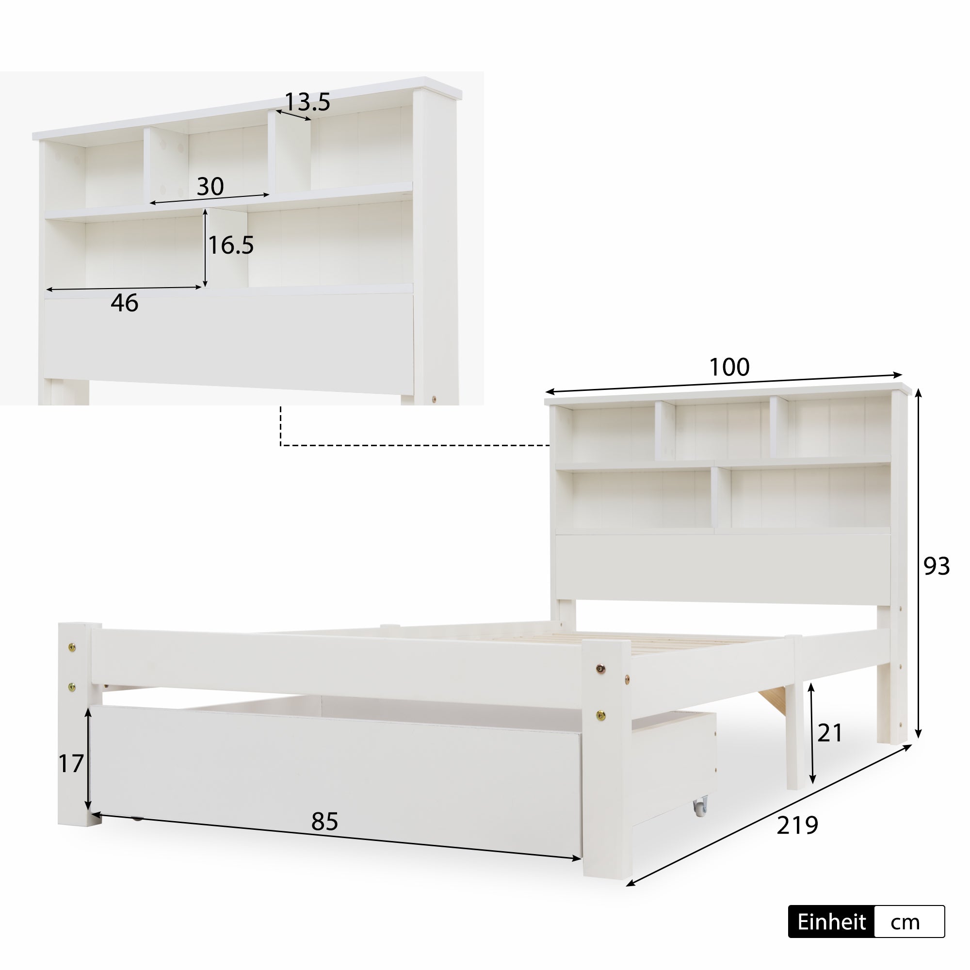 Logidon massief houten bed 90x200 wit met lades en plank