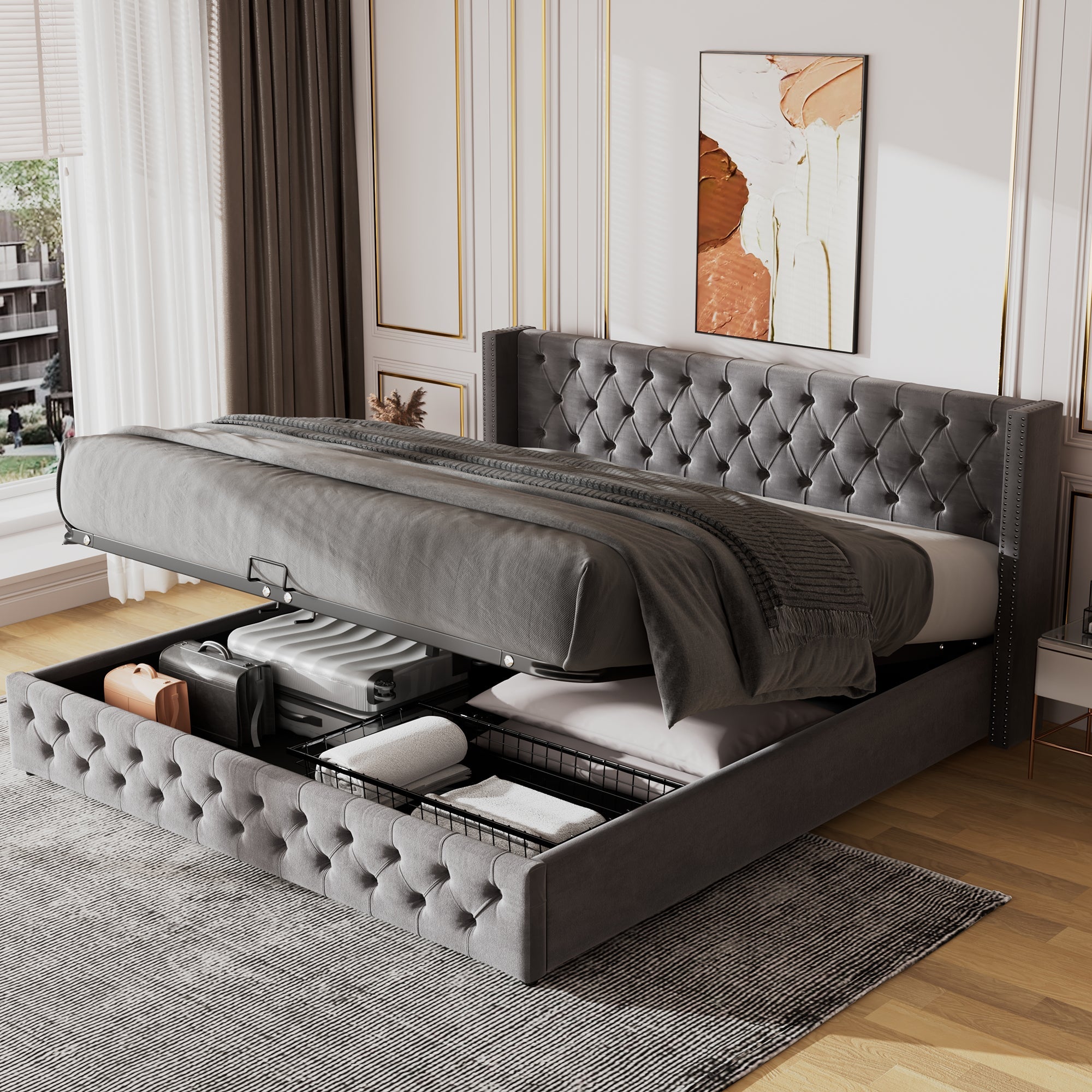 Logidon gestoffeerd bed oorvorm grijs flanel 180x200 met dubbele rij klinknagels