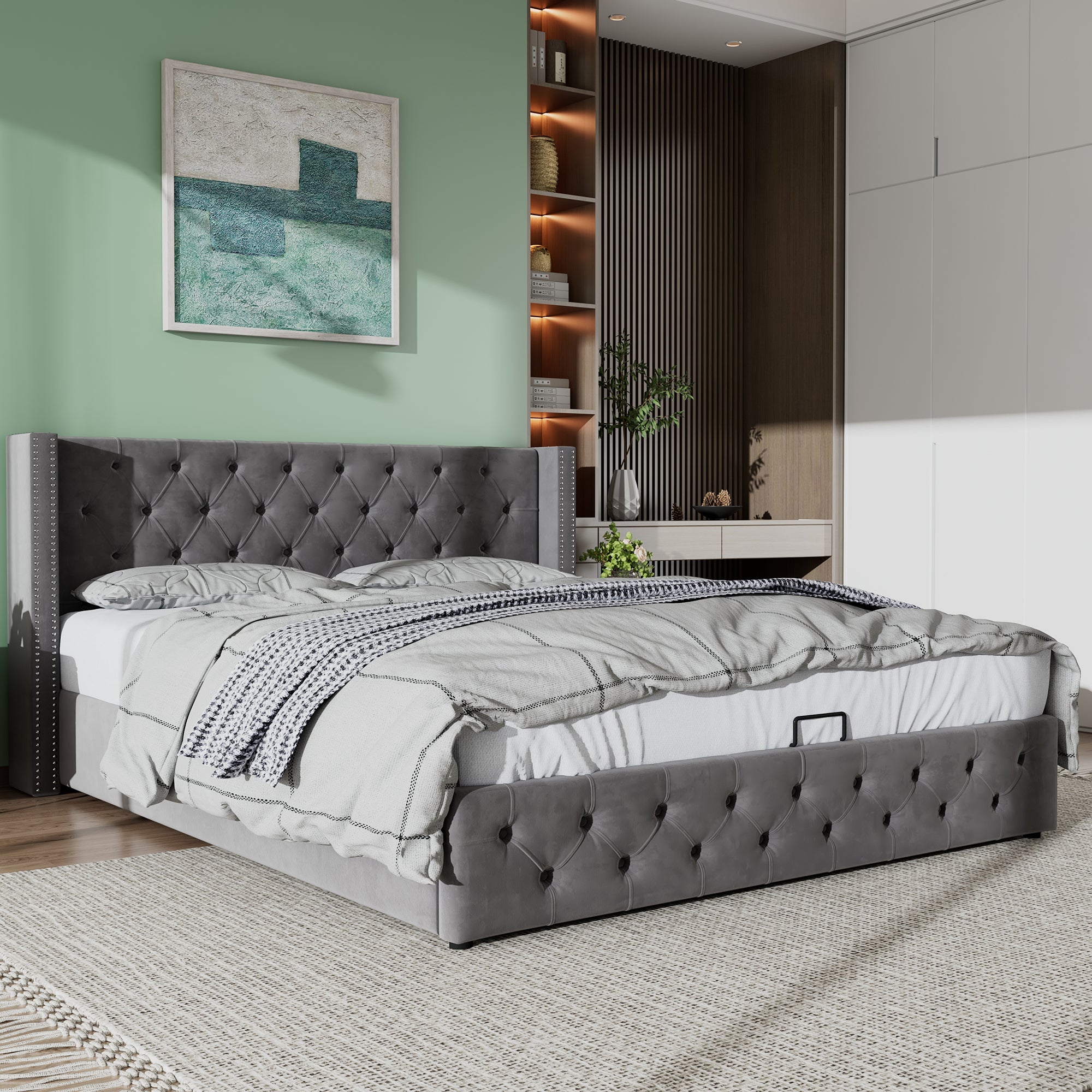 Logidon gestoffeerd bed oorvorm grijs flanel 180x200 met dubbele rij klinknagels