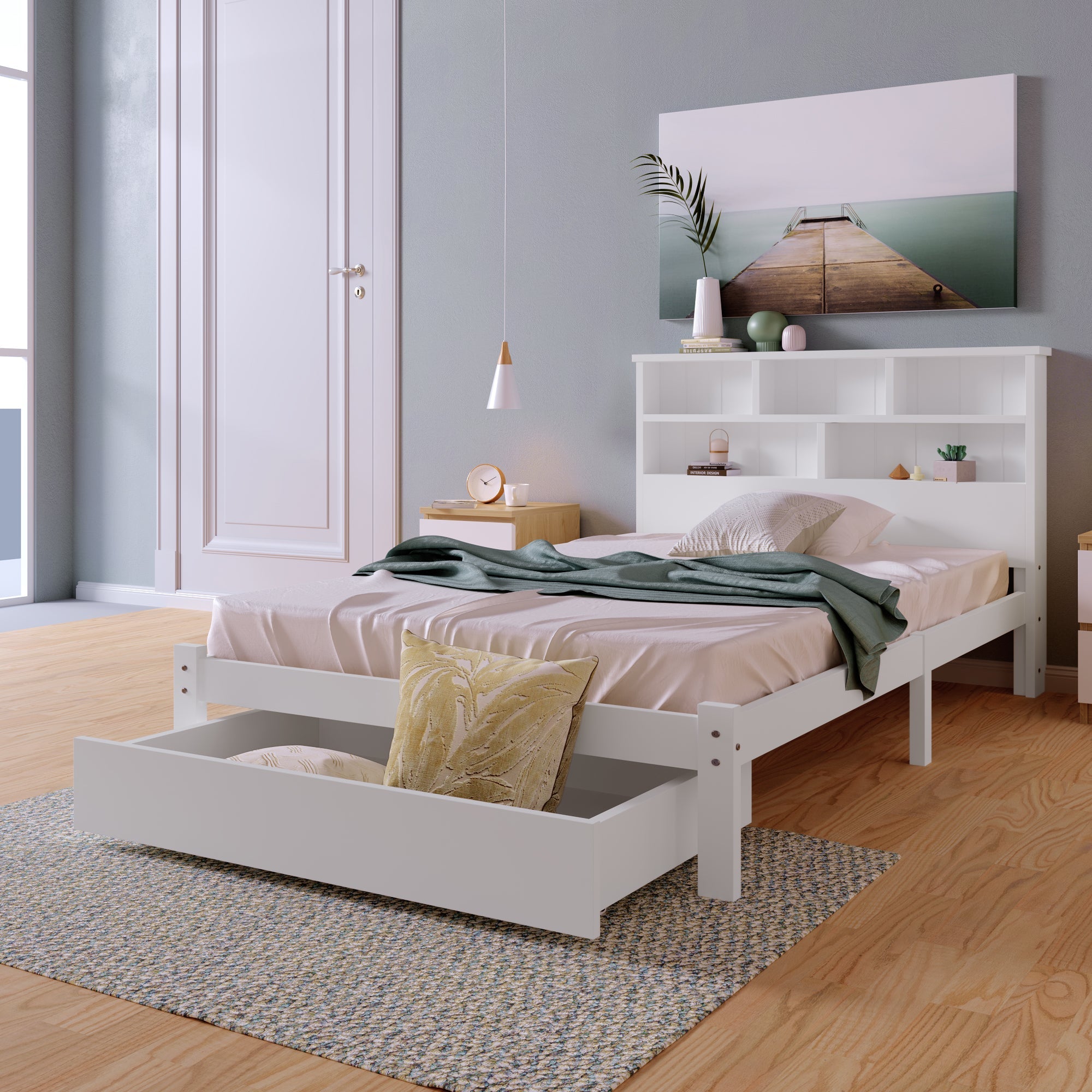 Logidon massief houten bed 90x200 wit met lades en plank