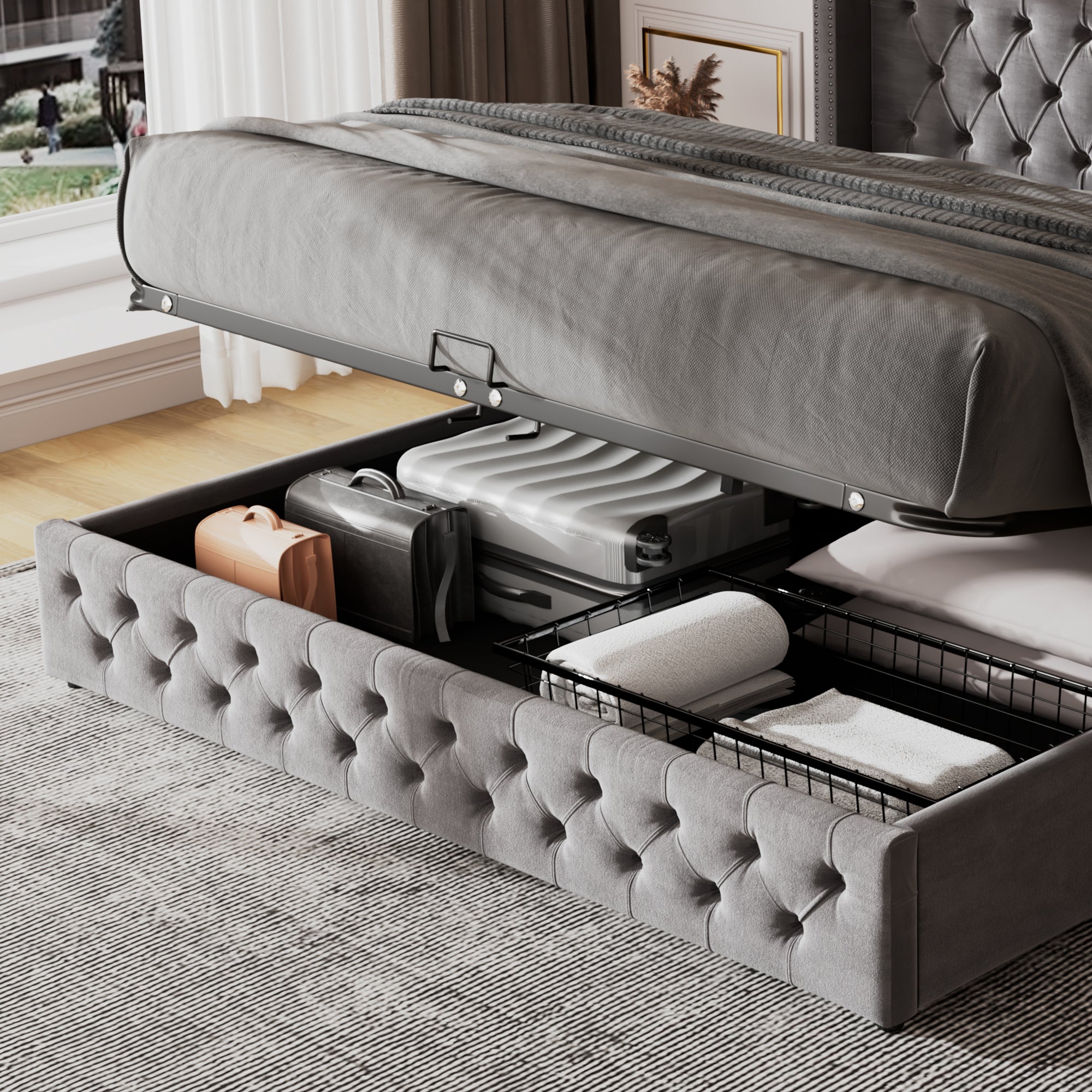 Logidon gestoffeerd bed oorvorm grijs flanel 180x200 met dubbele rij klinknagels