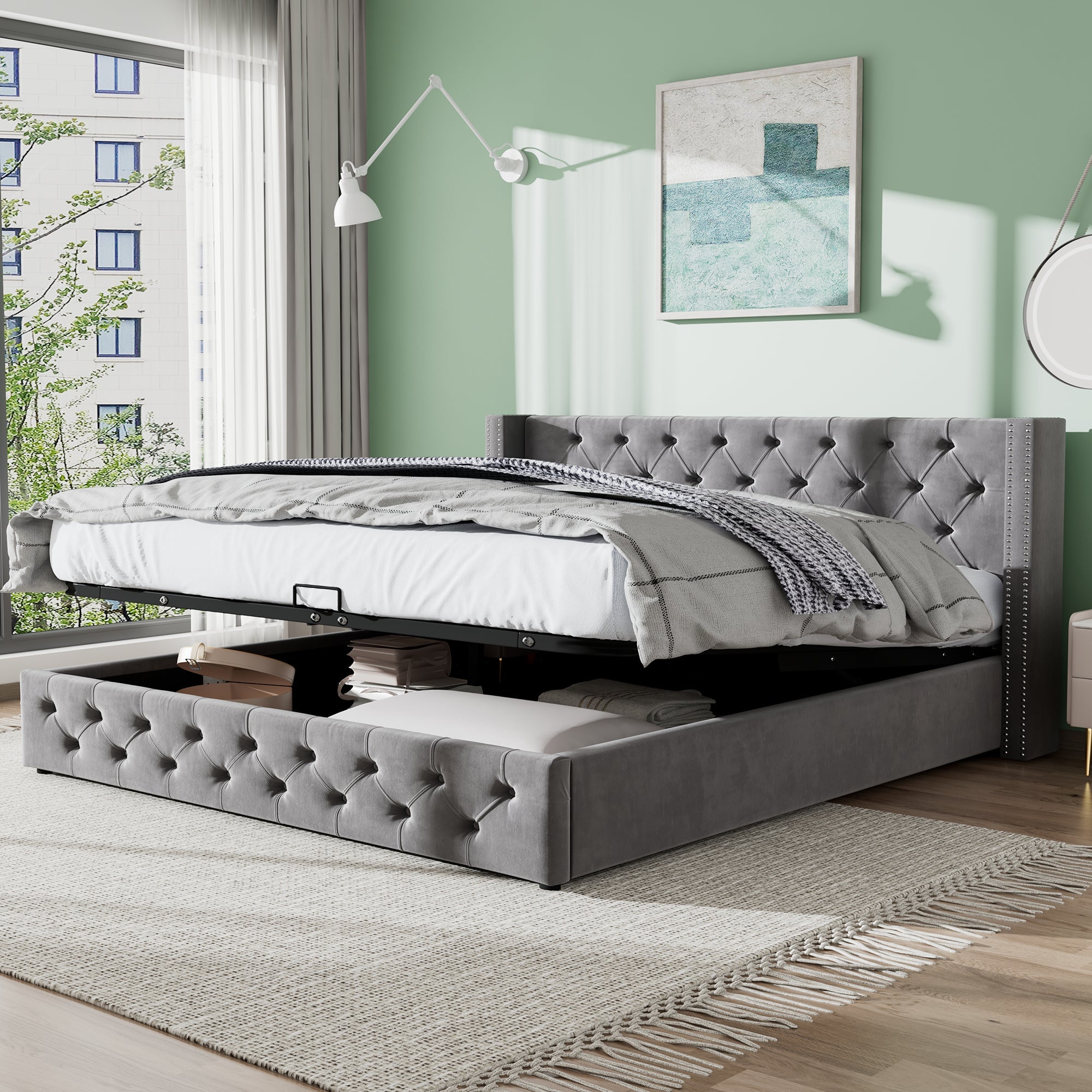 Logidon upholstered bed gray flannel 160x200 double row of rivets