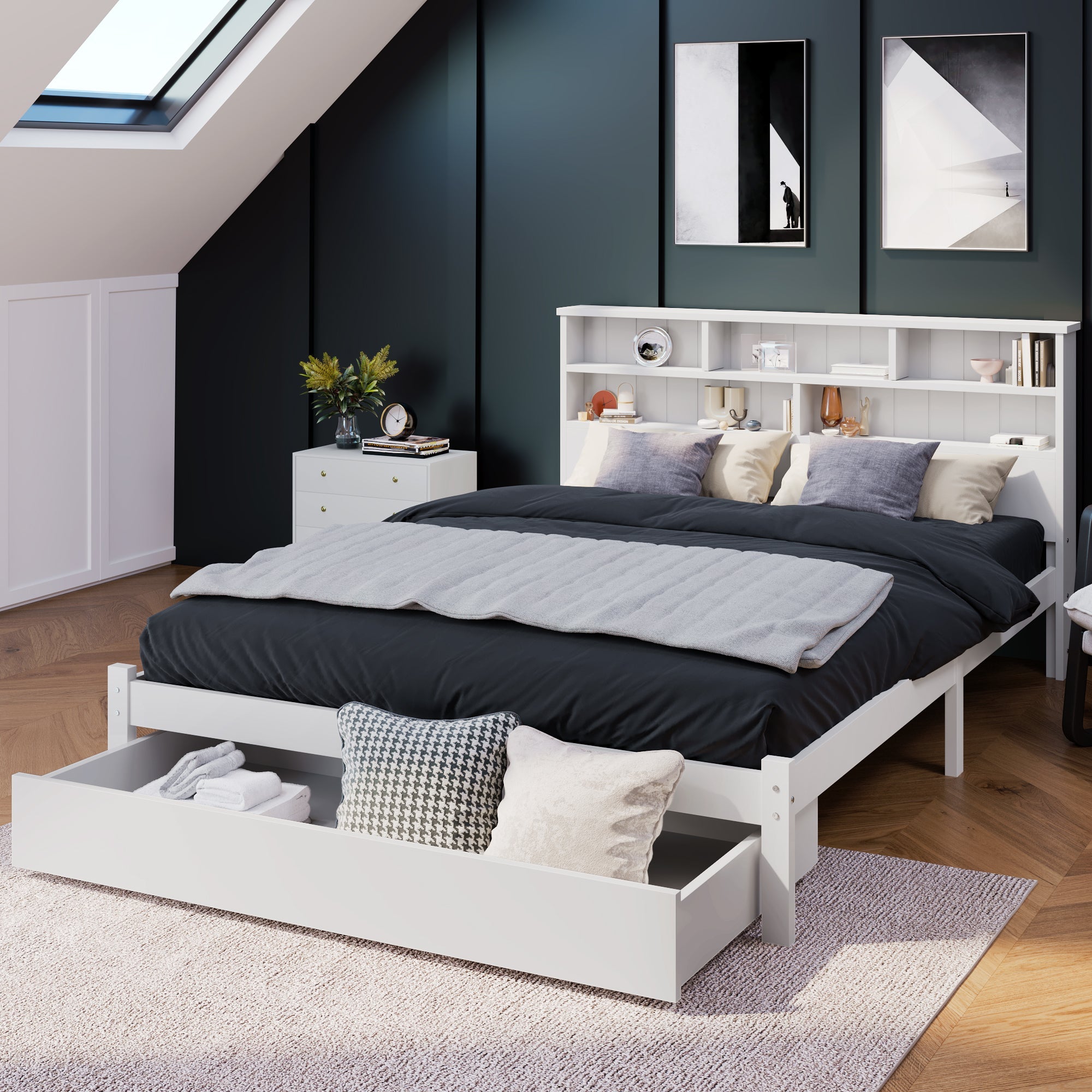 Logidon massief houten tweepersoonsbed 140x200 wit met lades en lattenbodem