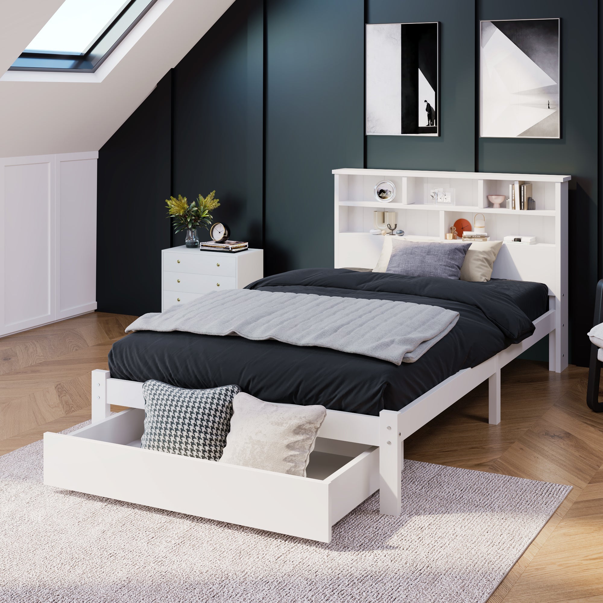 Logidon massief houten bed 90x200 wit met lades en plank
