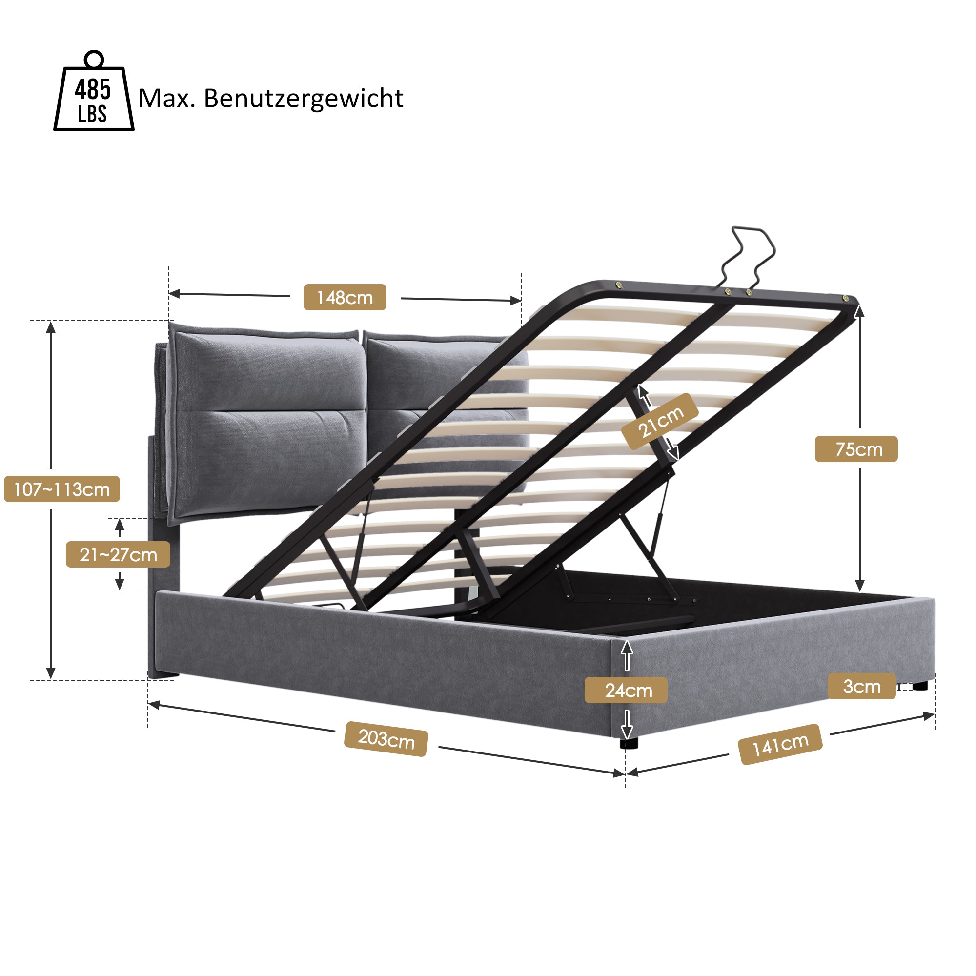 Logidon hydraulisch stoffen bed 140x200 grijs fluweel met opbergruimte