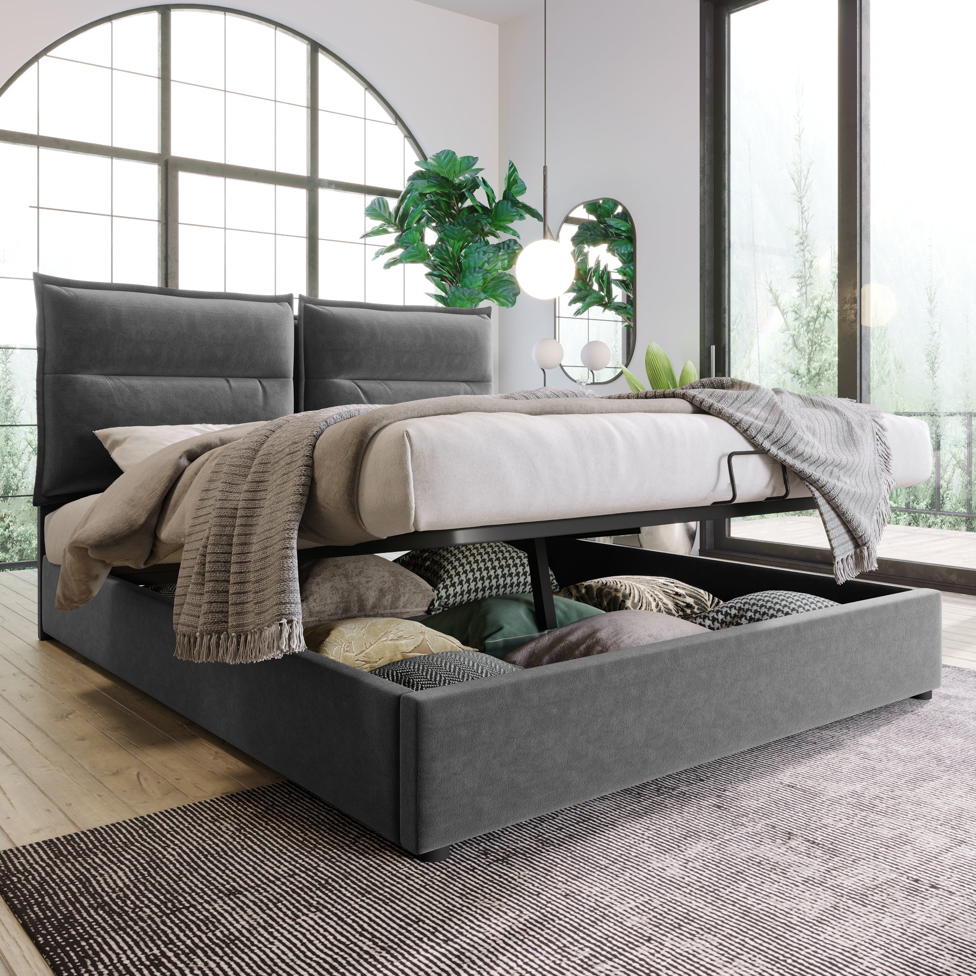 Logidon hydraulisch stoffen bed 140x200 grijs fluweel met opbergruimte