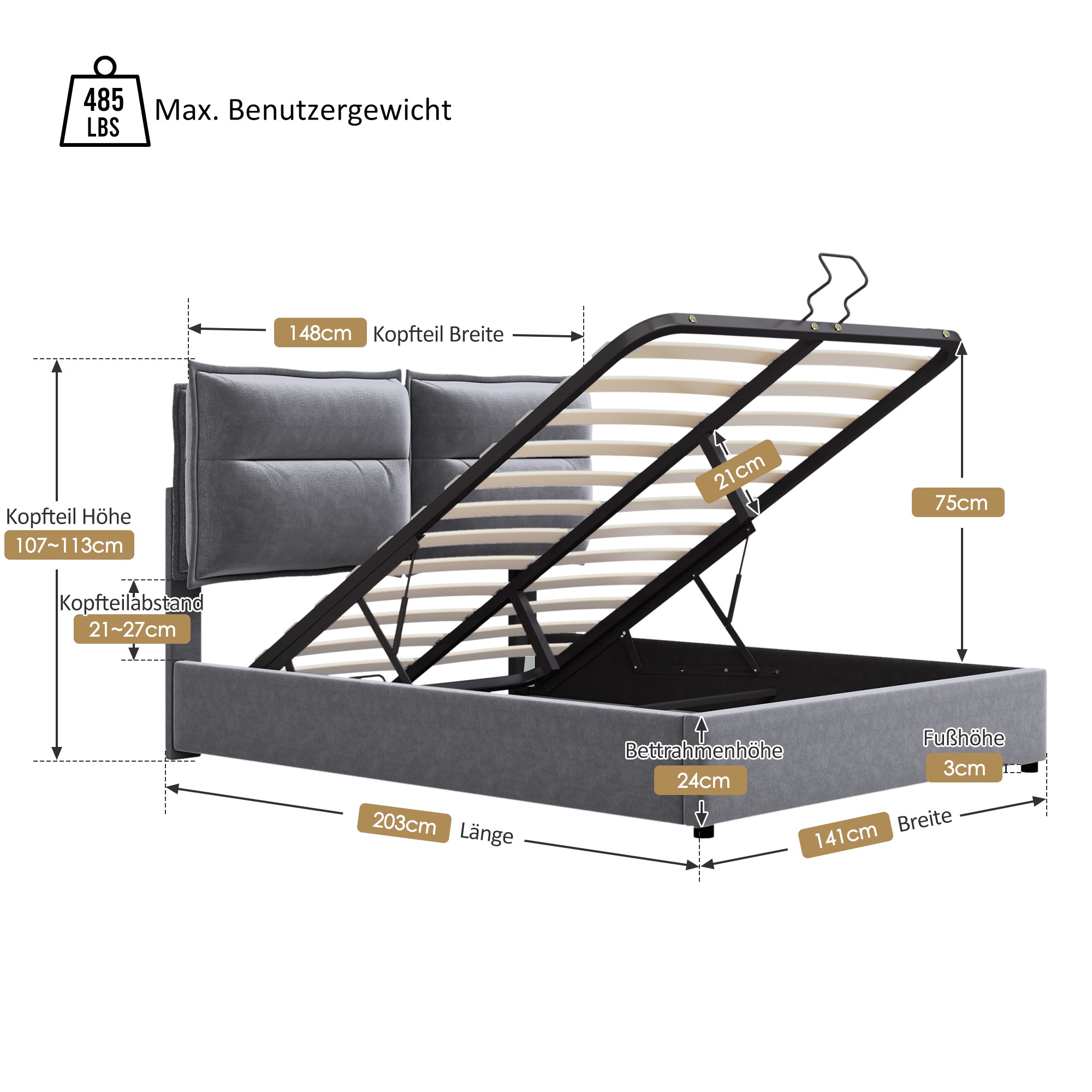 Logidon hydraulisch stoffen bed 140x200 grijs fluweel met opbergruimte