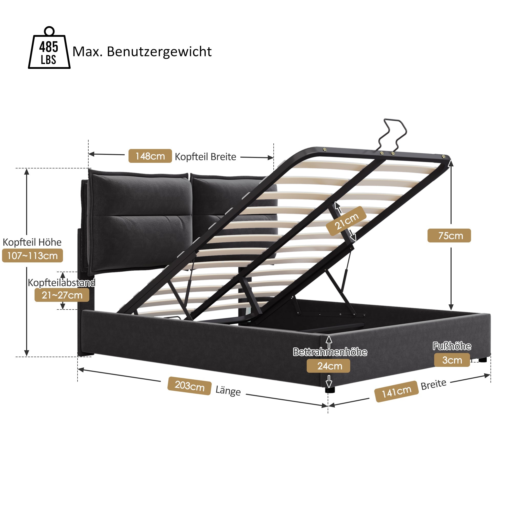 Logidon hydraulisch gestoffeerd bed 140x200 zwart hoofdbordverstelling