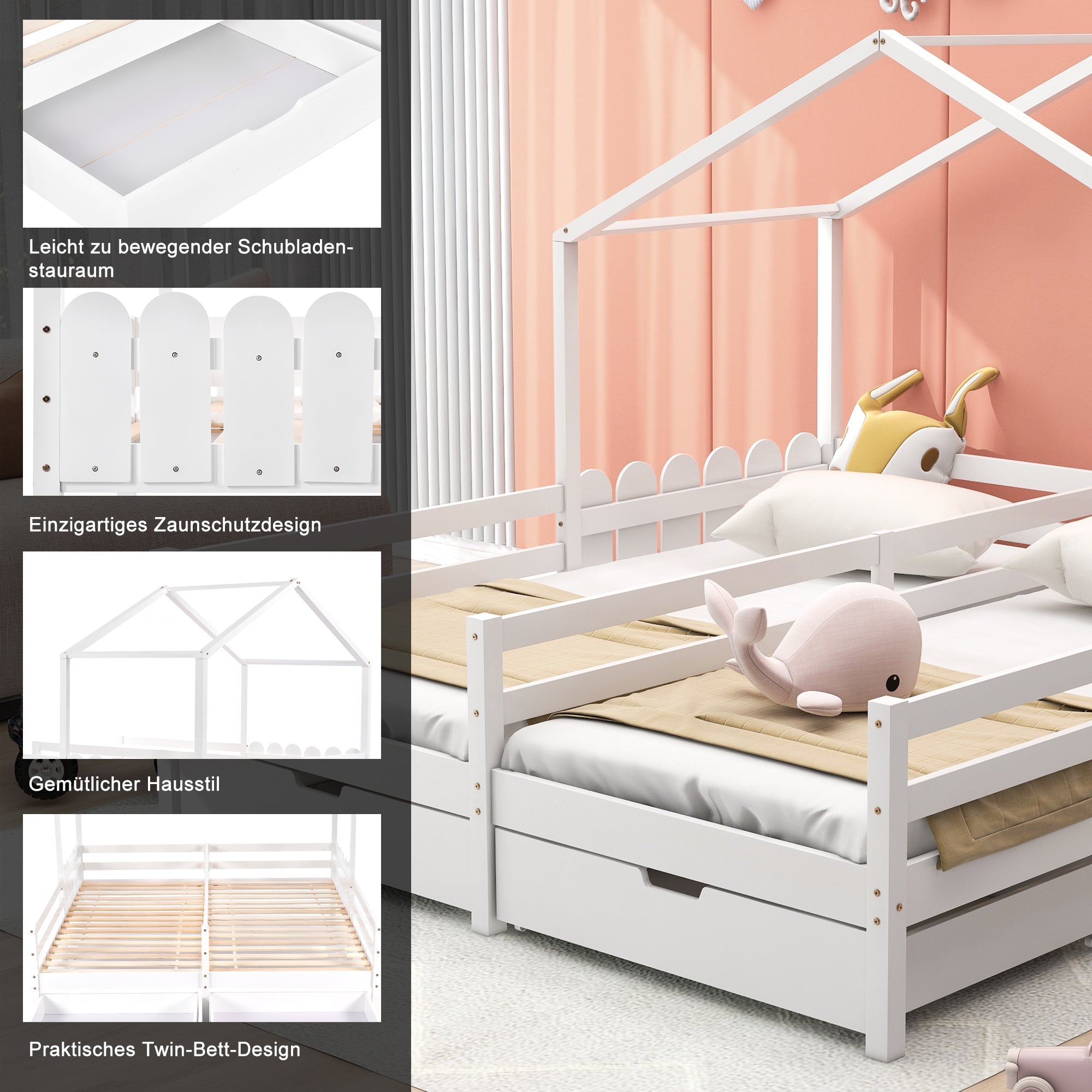 Logidon huisbed tweepersoonsbed 90x200 wit met 2 lades