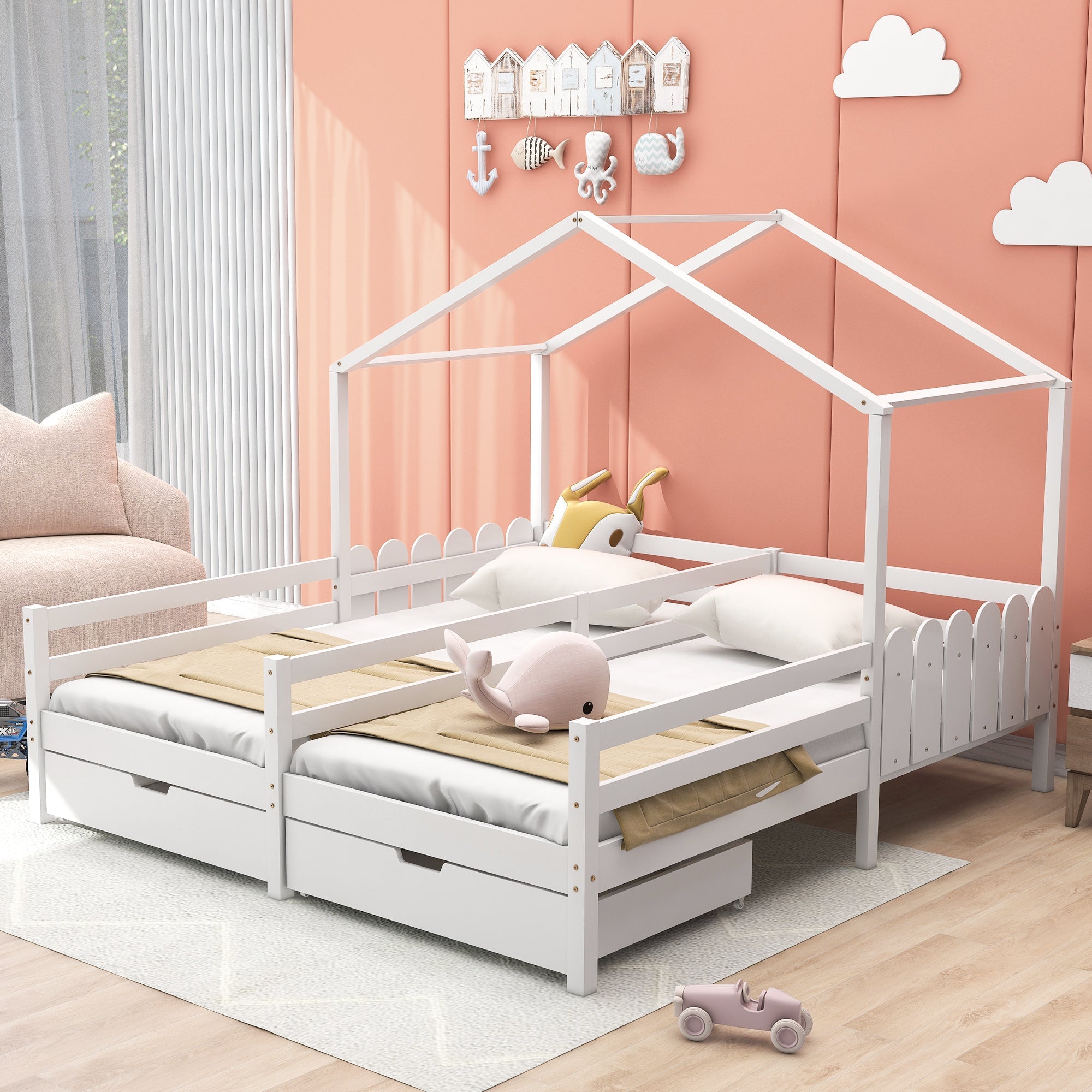 Logidon huisbed tweepersoonsbed 90x200 wit met 2 lades