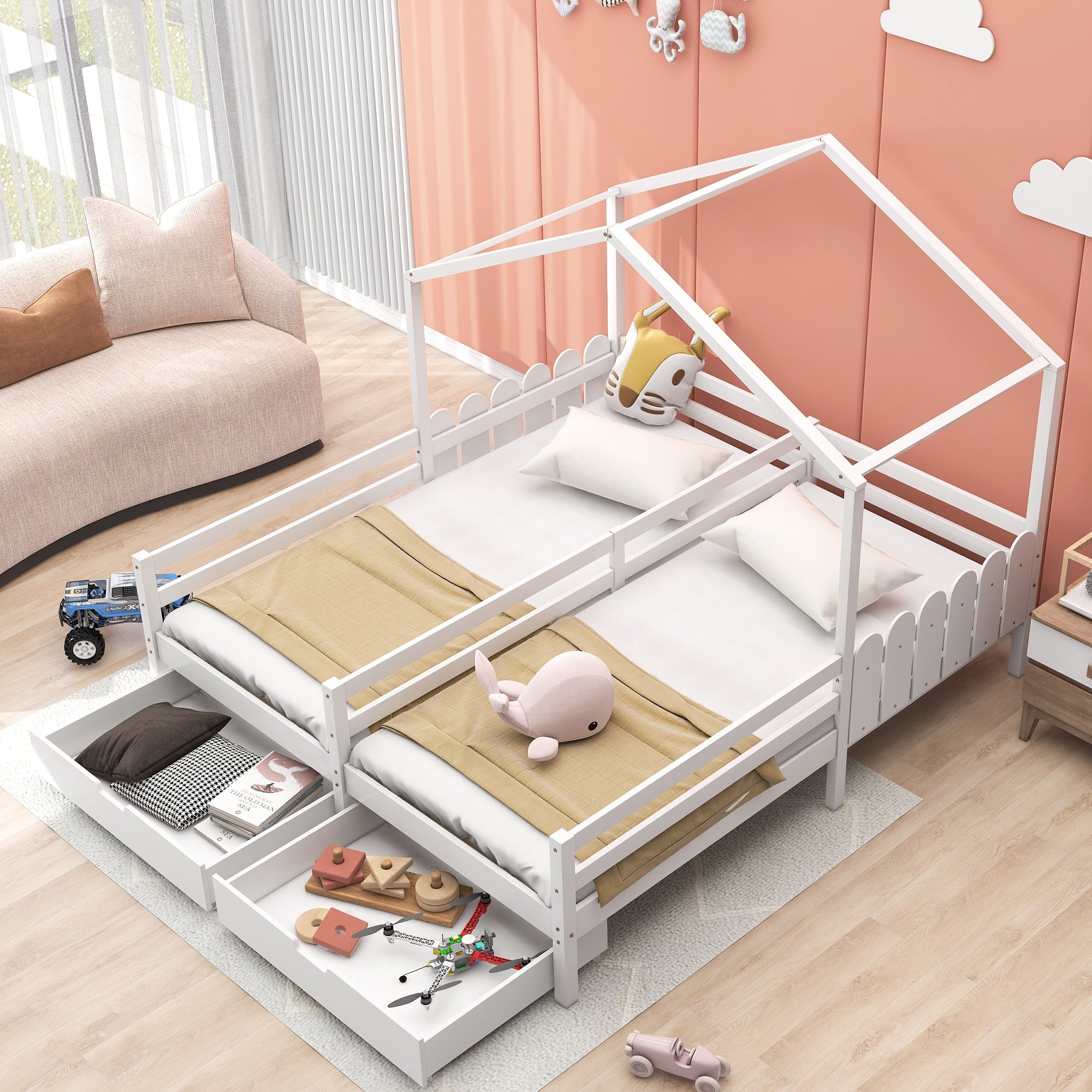 Logidon huisbed tweepersoonsbed 90x200 wit met 2 lades