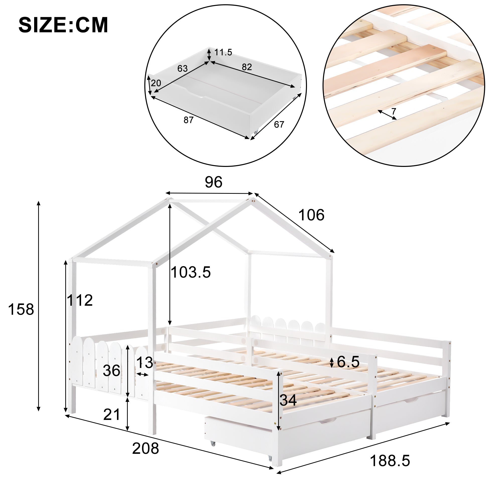 Logidon huisbed tweepersoonsbed 90x200 wit met 2 lades