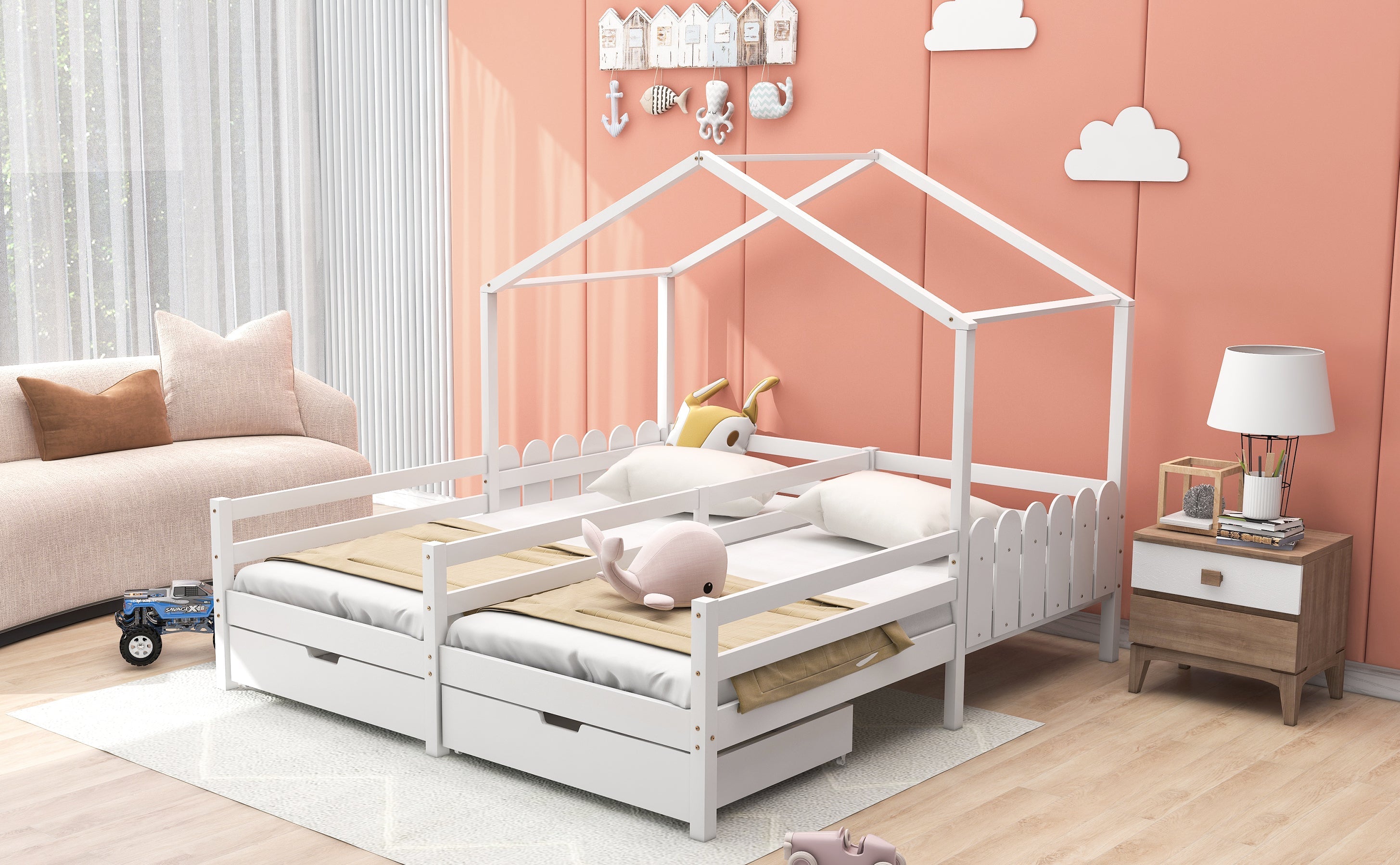 Logidon huisbed tweepersoonsbed 90x200 wit met 2 lades