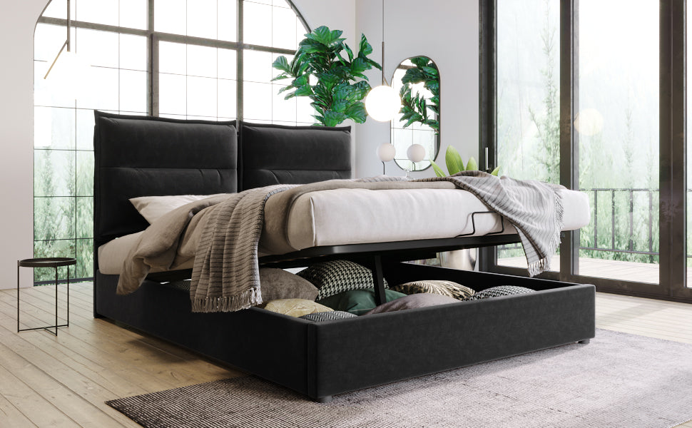 Logidon Hydraulic Upholstered Bed 140x200 Black Headboard Adjustment