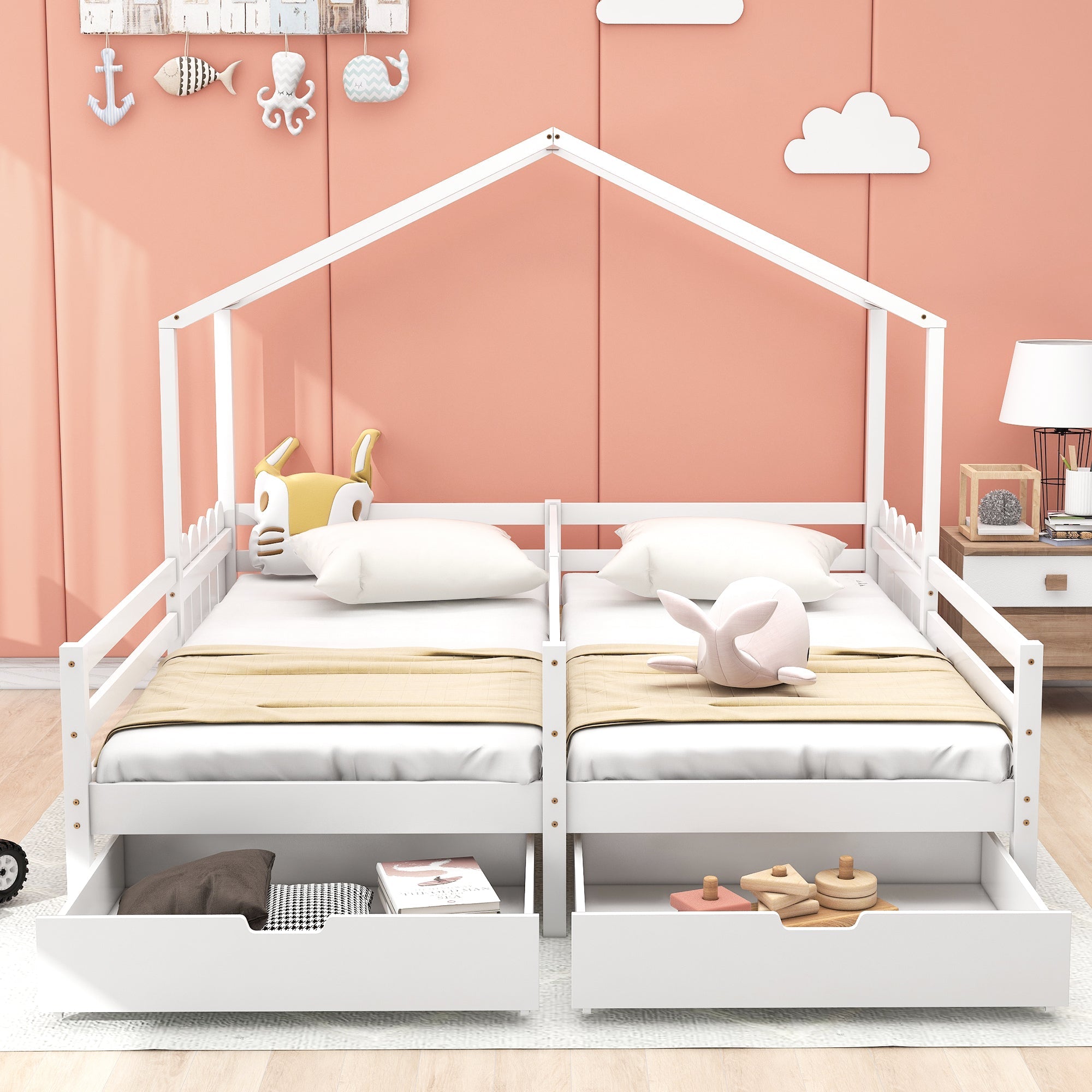 Logidon huisbed tweepersoonsbed 90x200 wit met 2 lades