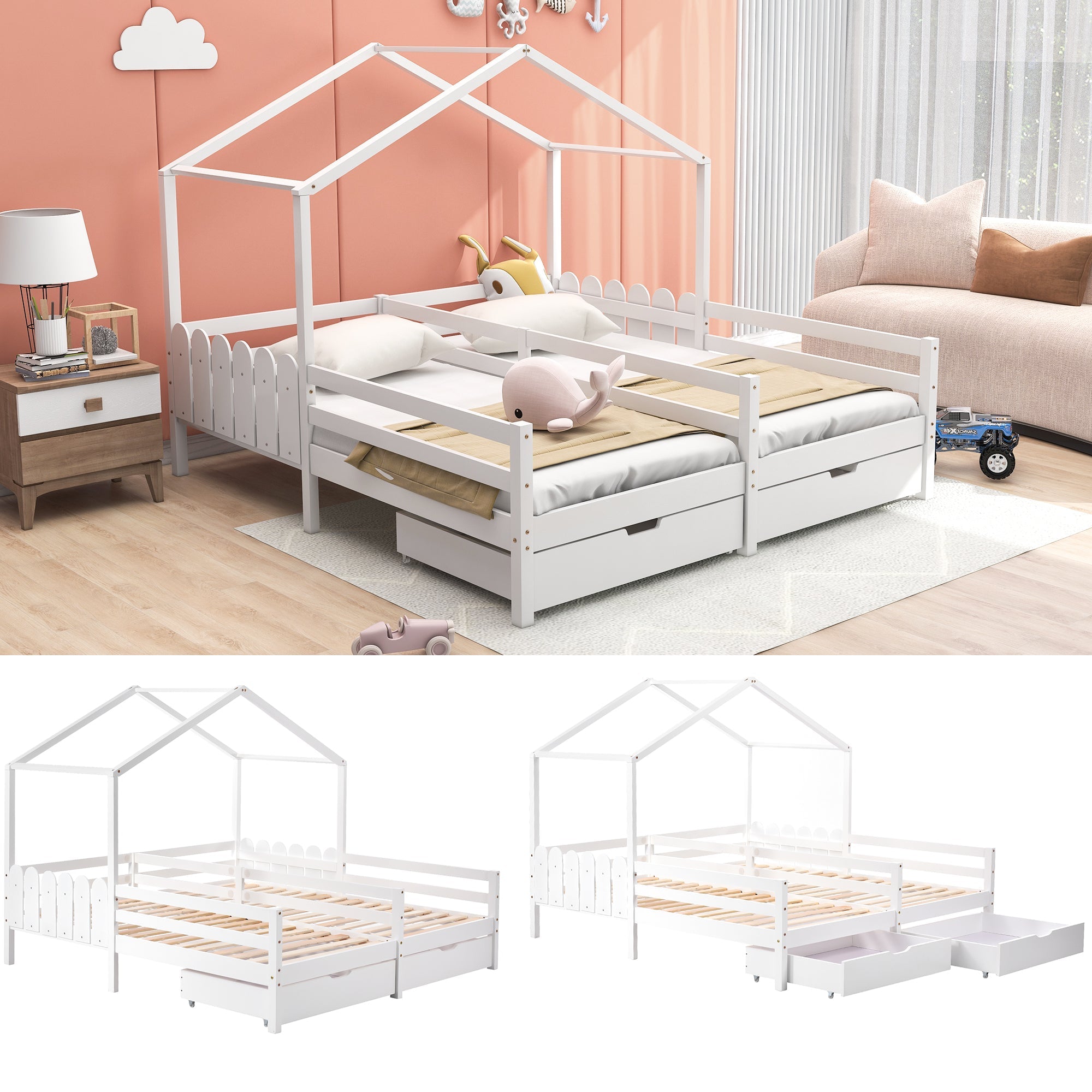 Logidon huisbed tweepersoonsbed 90x200 wit met 2 lades