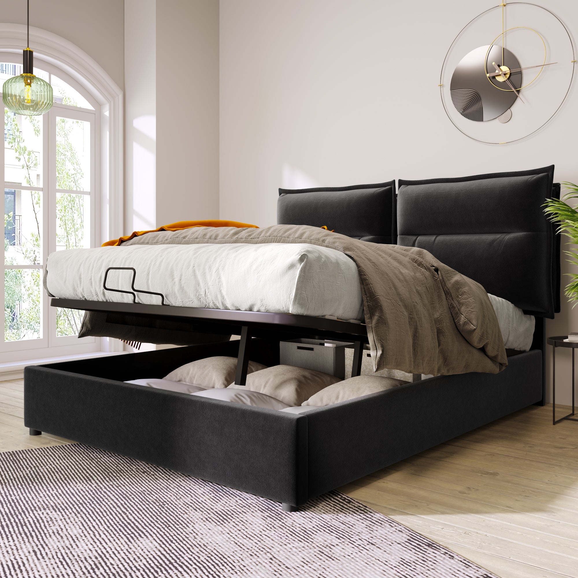Logidon Hydraulic Upholstered Bed 140x200 Black Headboard Adjustment