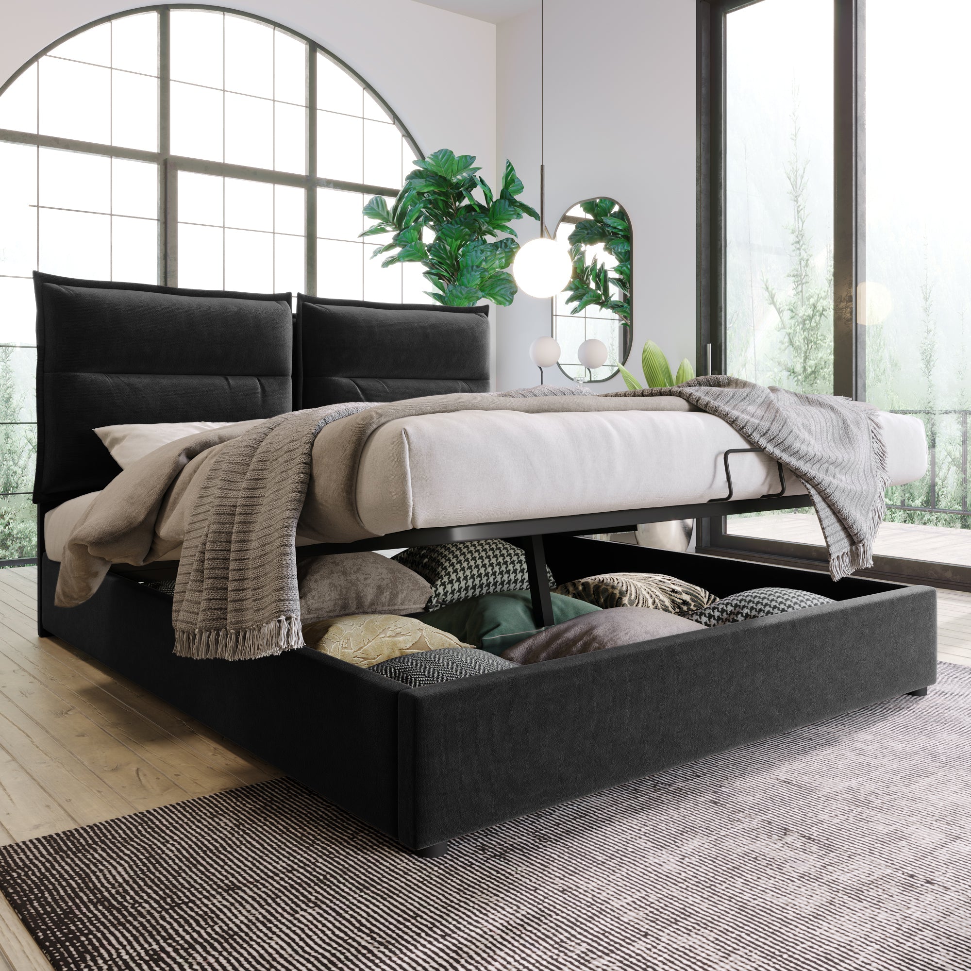 Logidon Hydraulic Upholstered Bed 140x200 Black Headboard Adjustment