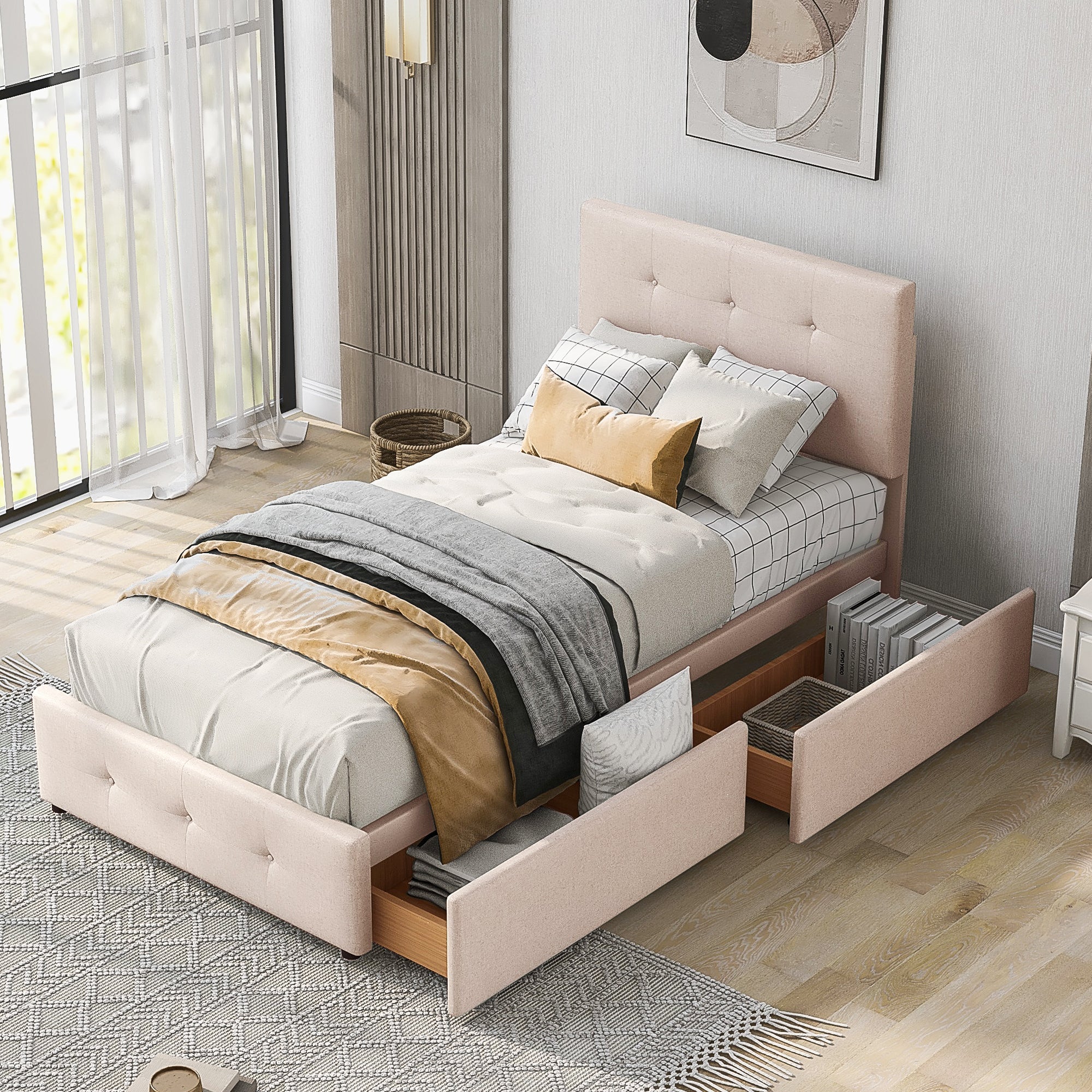 Logidon gestoffeerd bed 90x200 beige met lattenbodem en twee lades