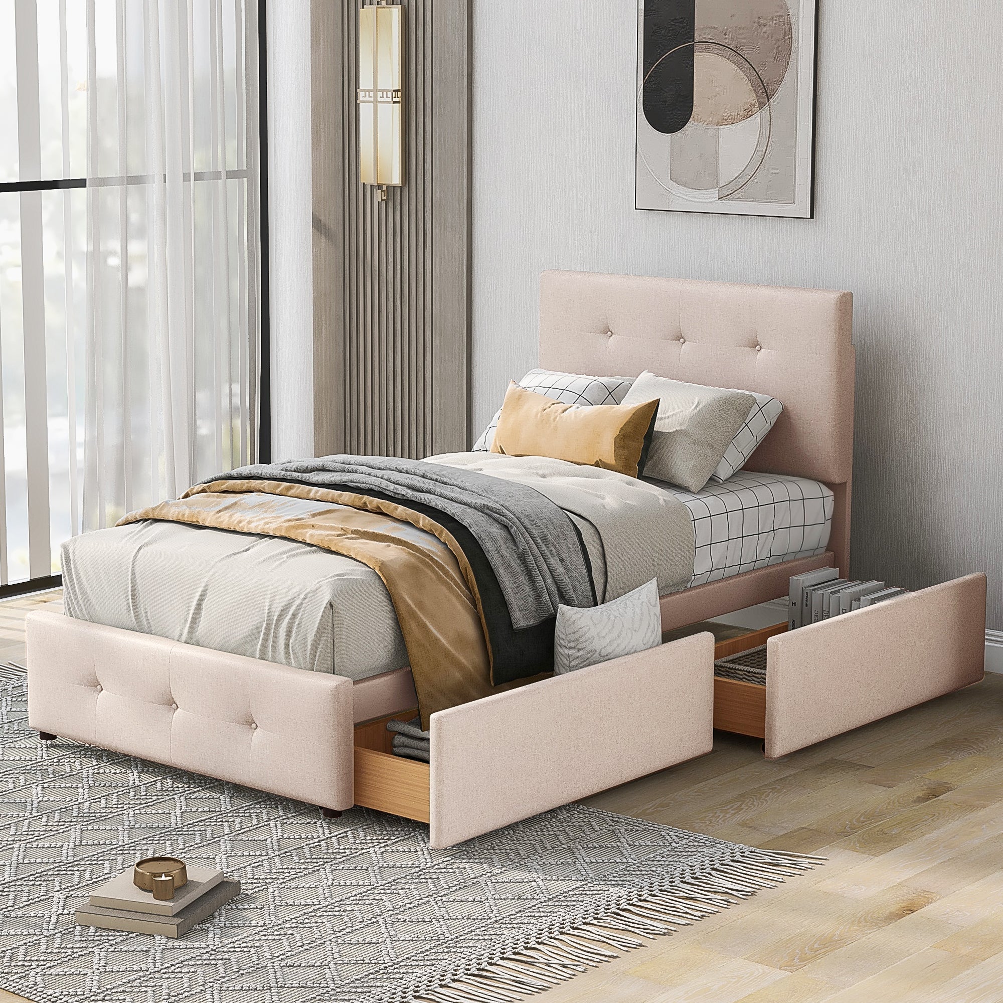 Logidon gestoffeerd bed 90x200 beige met lattenbodem en twee lades