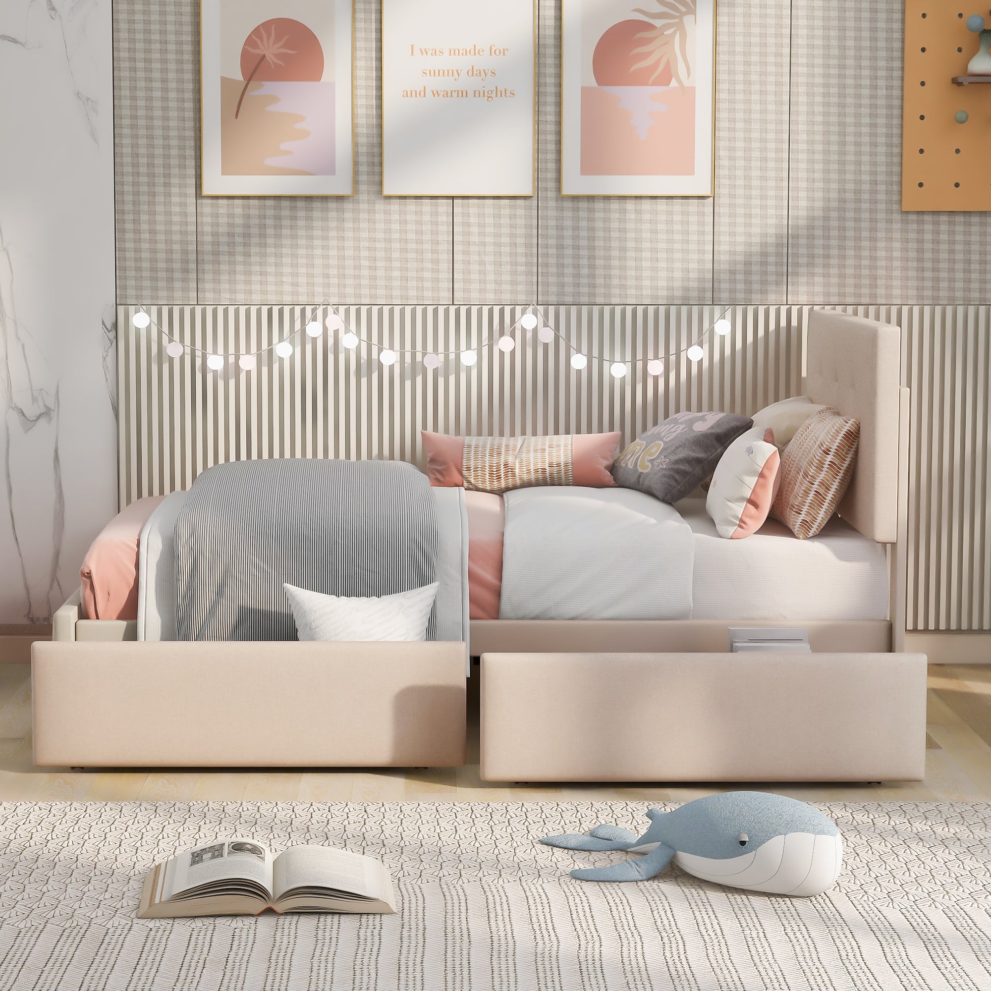 Logidon gestoffeerd bed 90x200 beige met lattenbodem en twee lades