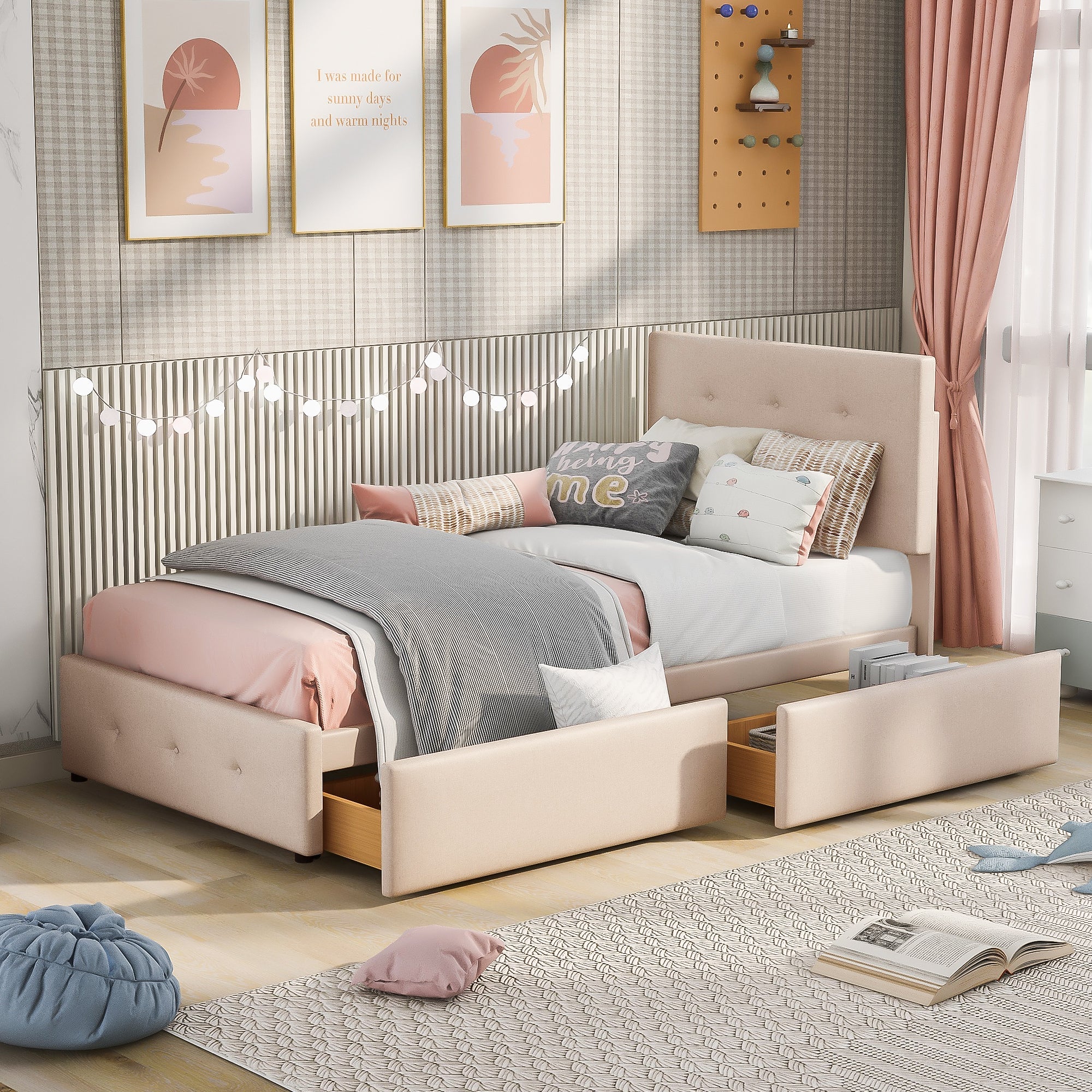 Logidon gestoffeerd bed 90x200 beige met lattenbodem en twee lades