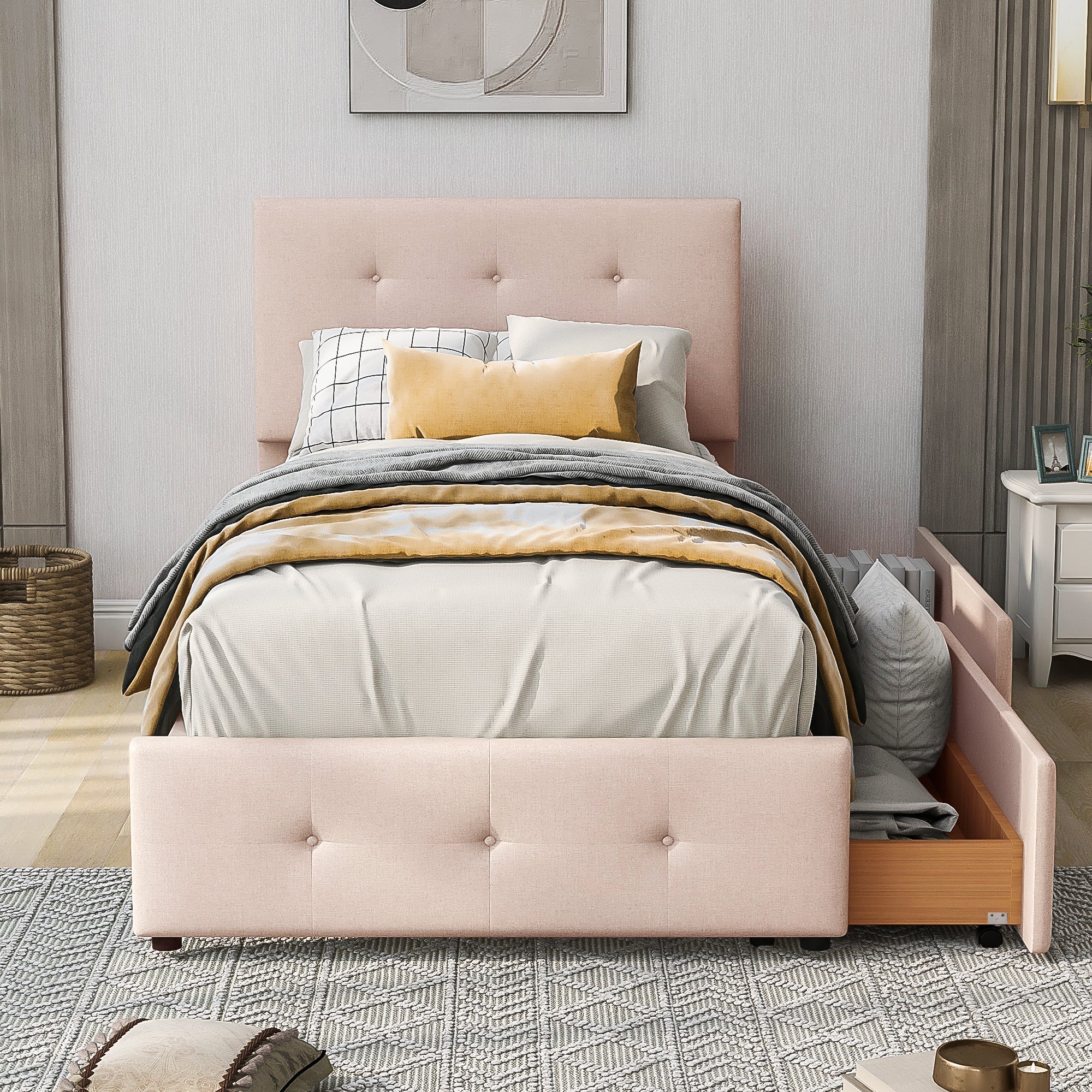 Logidon gestoffeerd bed 90x200 beige met lattenbodem en twee lades