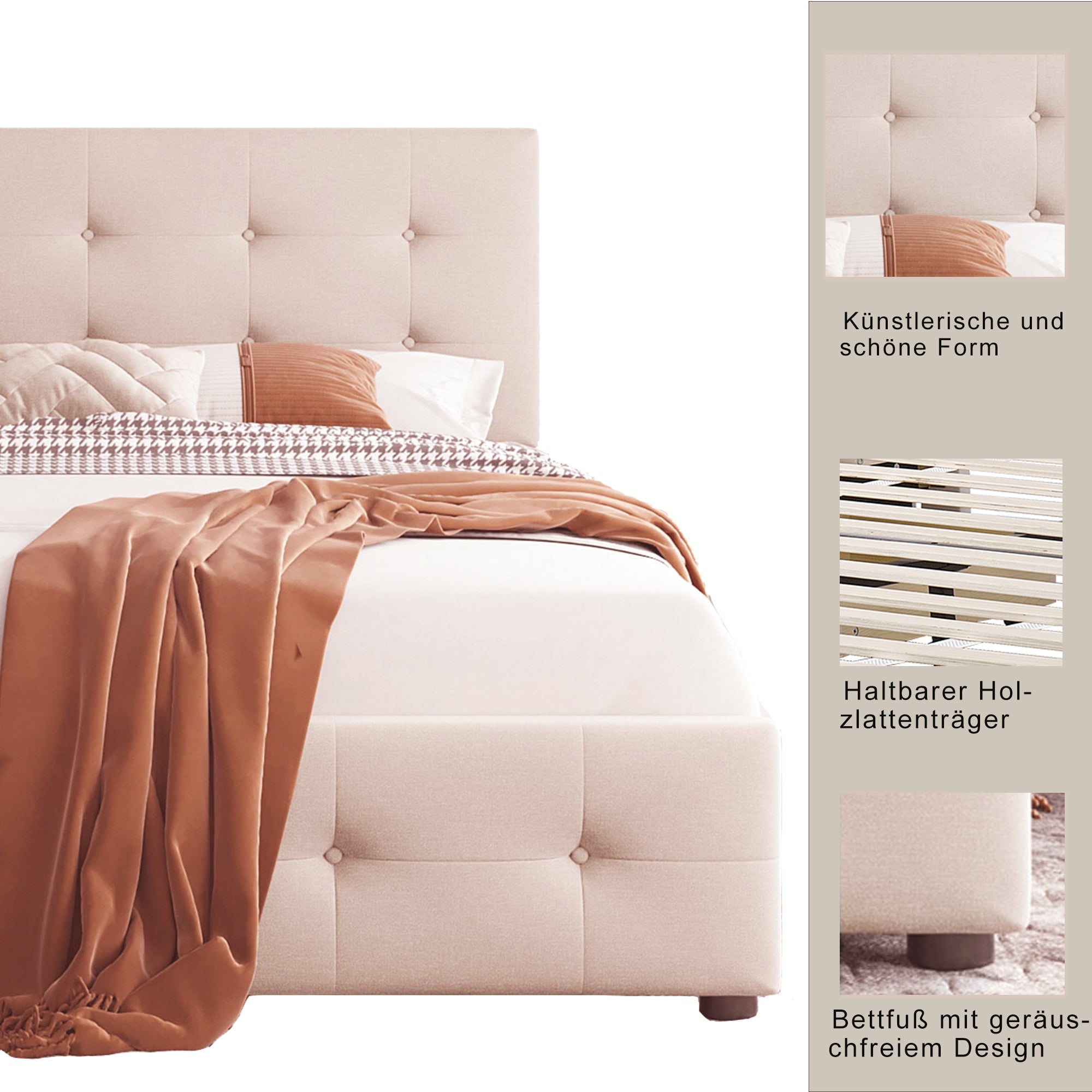 Logidon gestoffeerd bed 90x200 beige met lattenbodem en twee lades