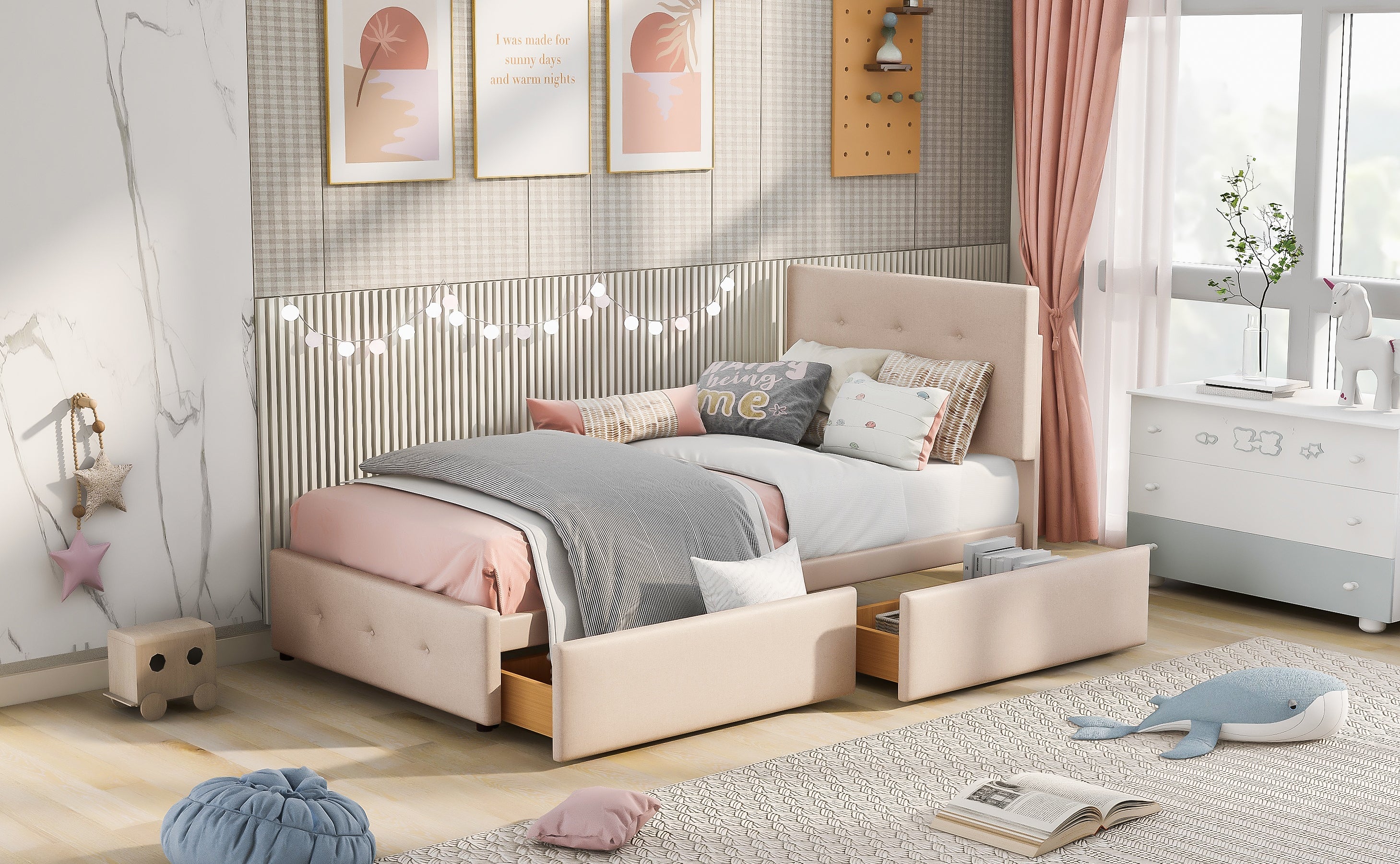 Logidon gestoffeerd bed 90x200 beige met lattenbodem en twee lades