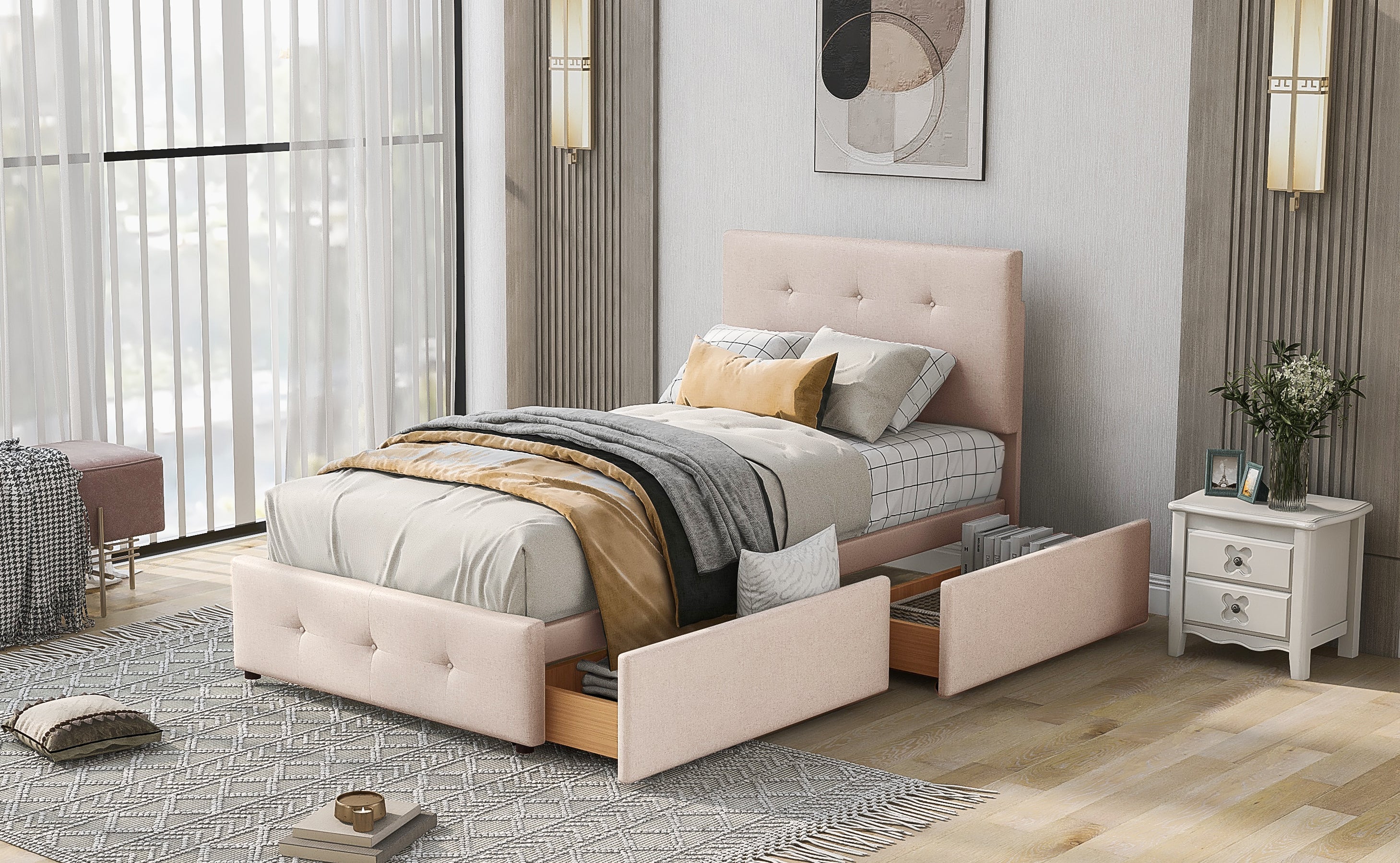 Logidon gestoffeerd bed 90x200 beige met lattenbodem en twee lades