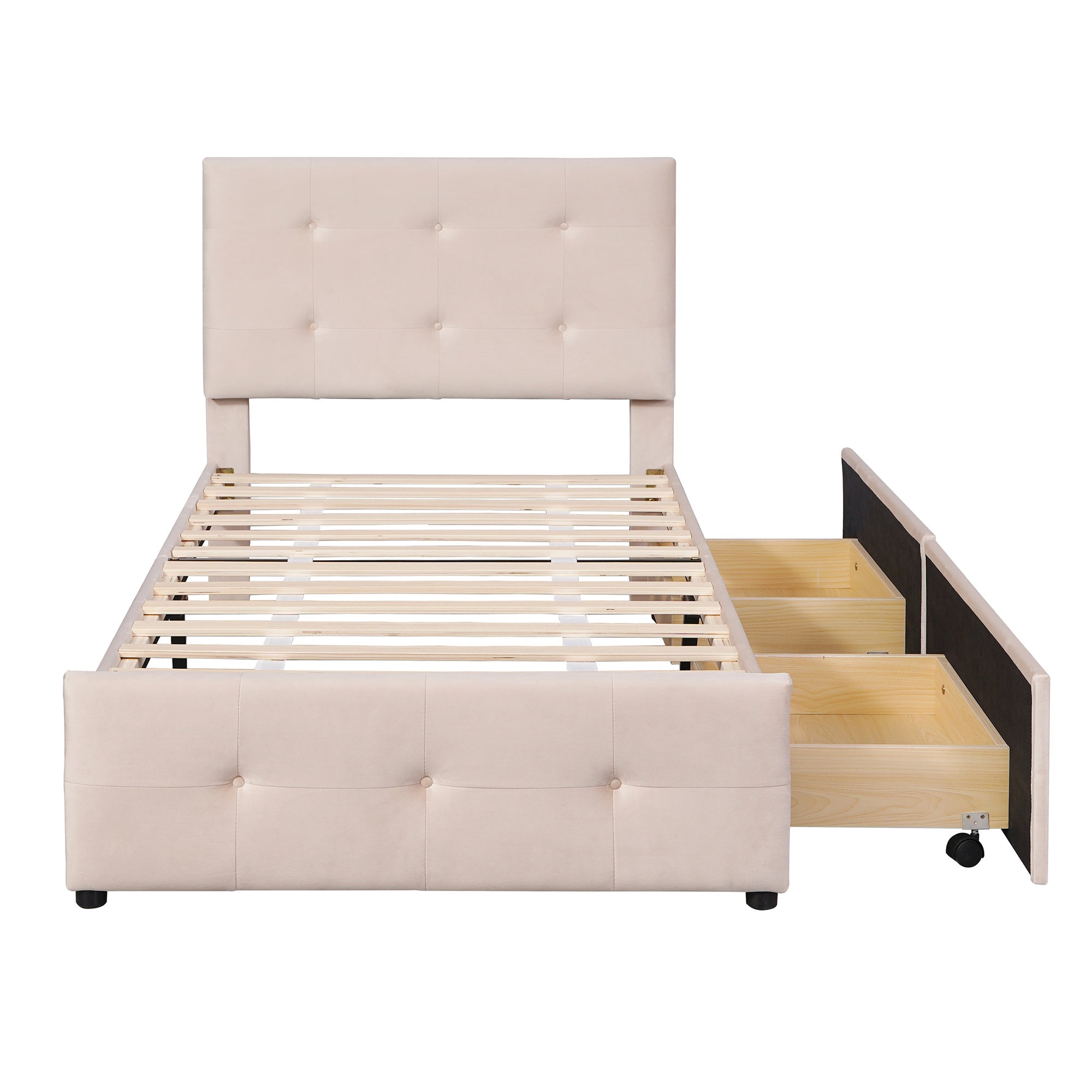 Logidon gestoffeerd bed 90x200 beige met lattenbodem en twee lades