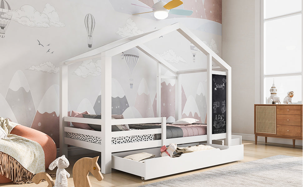 Logidon kinderbed huisbed 90x200 cm wit met plank en 2 lades