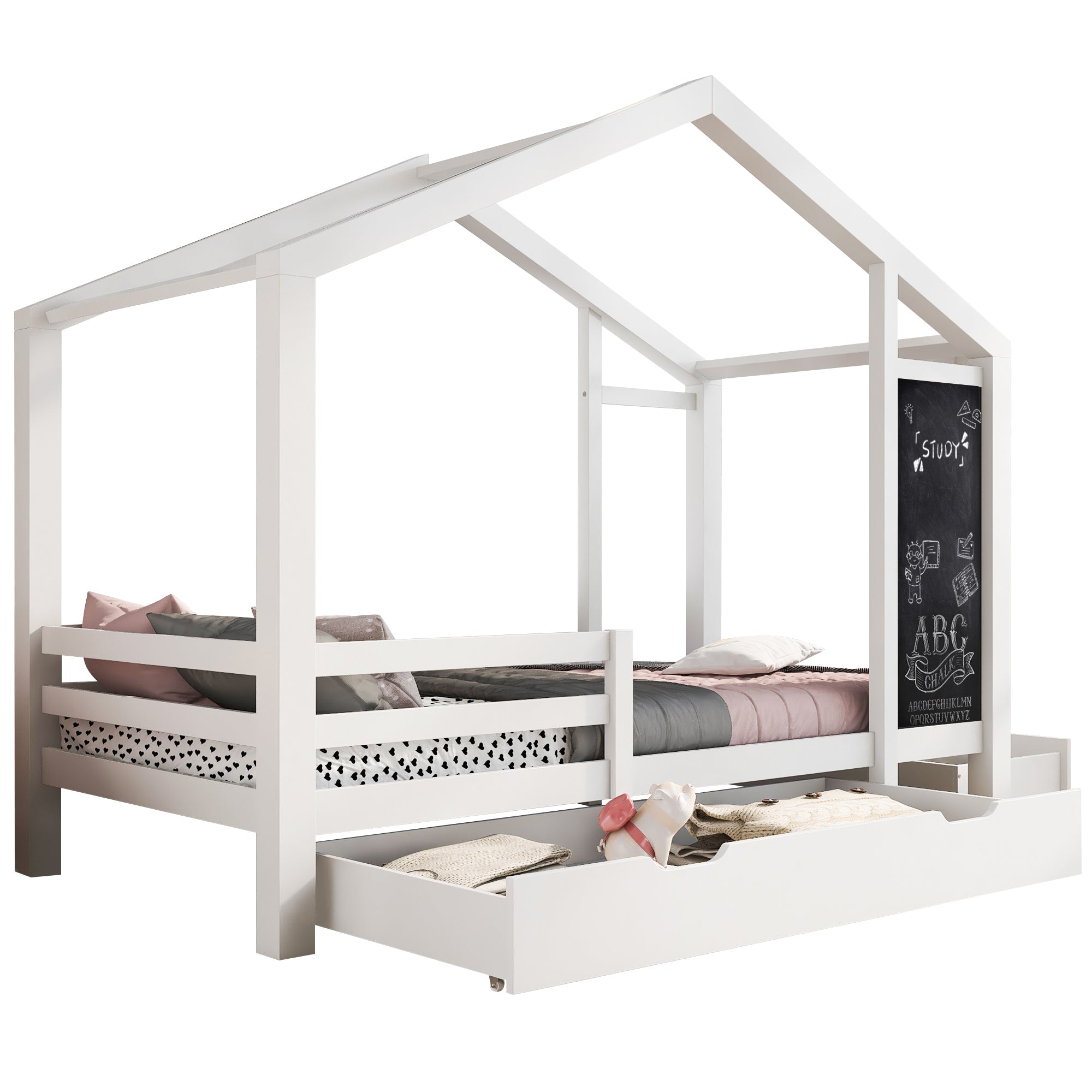 Logidon kinderbed huisbed 90x200 cm wit met plank en 2 lades