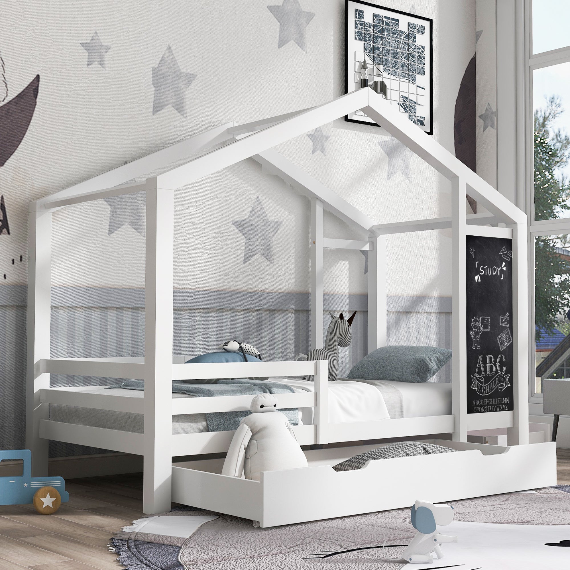 Logidon kinderbed huisbed 90x200 cm wit met plank en 2 lades