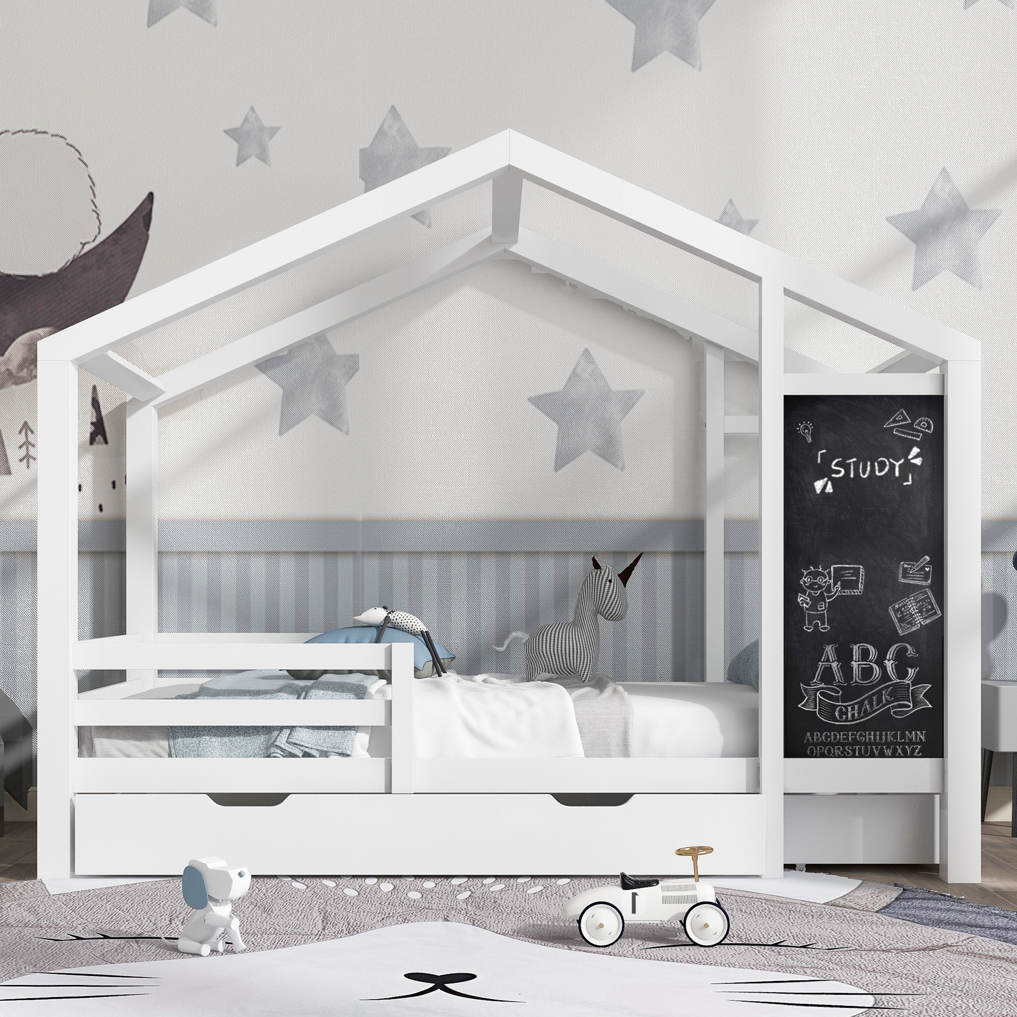 Logidon kinderbed huisbed 90x200 cm wit met plank en 2 lades