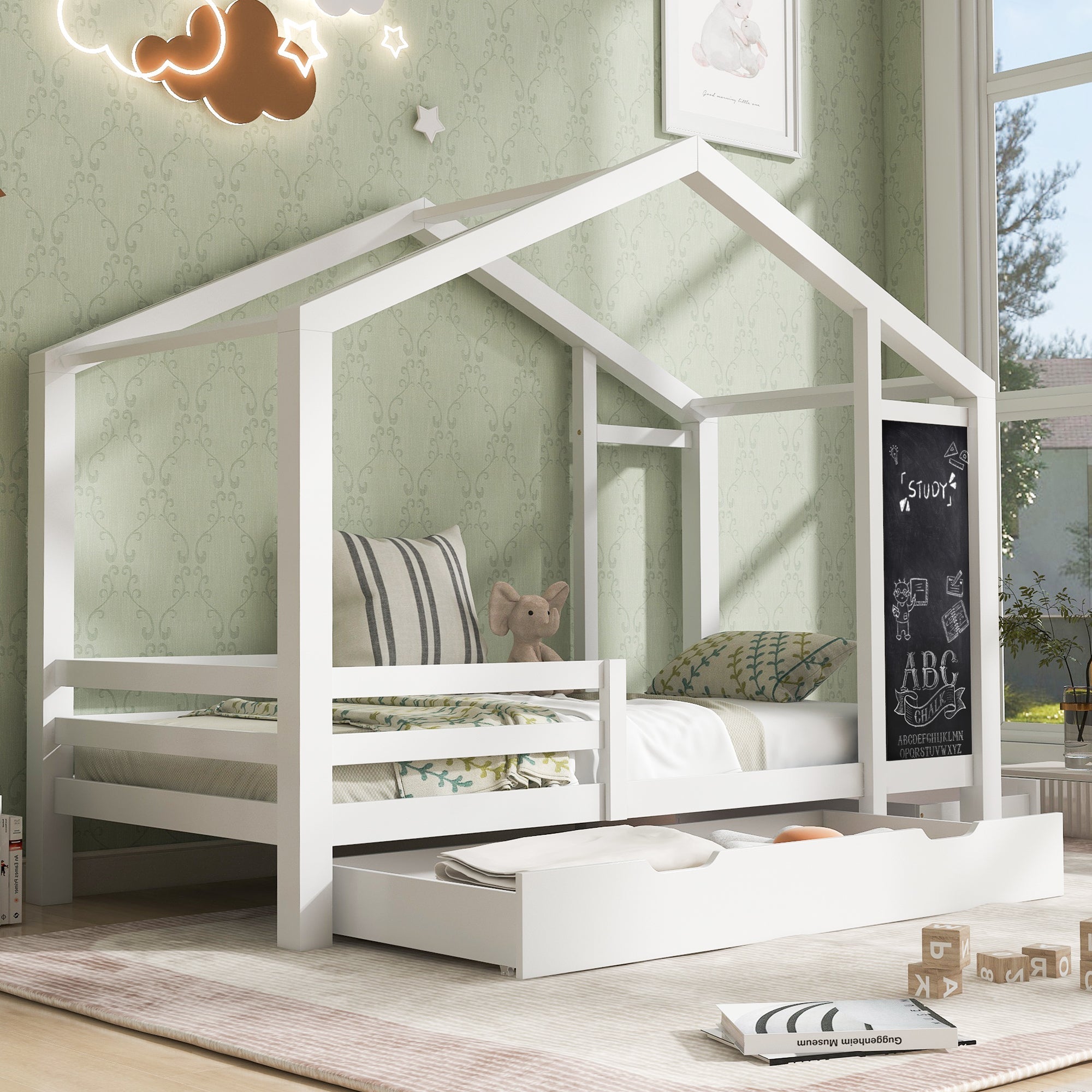Logidon kinderbed huisbed 90x200 cm wit met plank en 2 lades